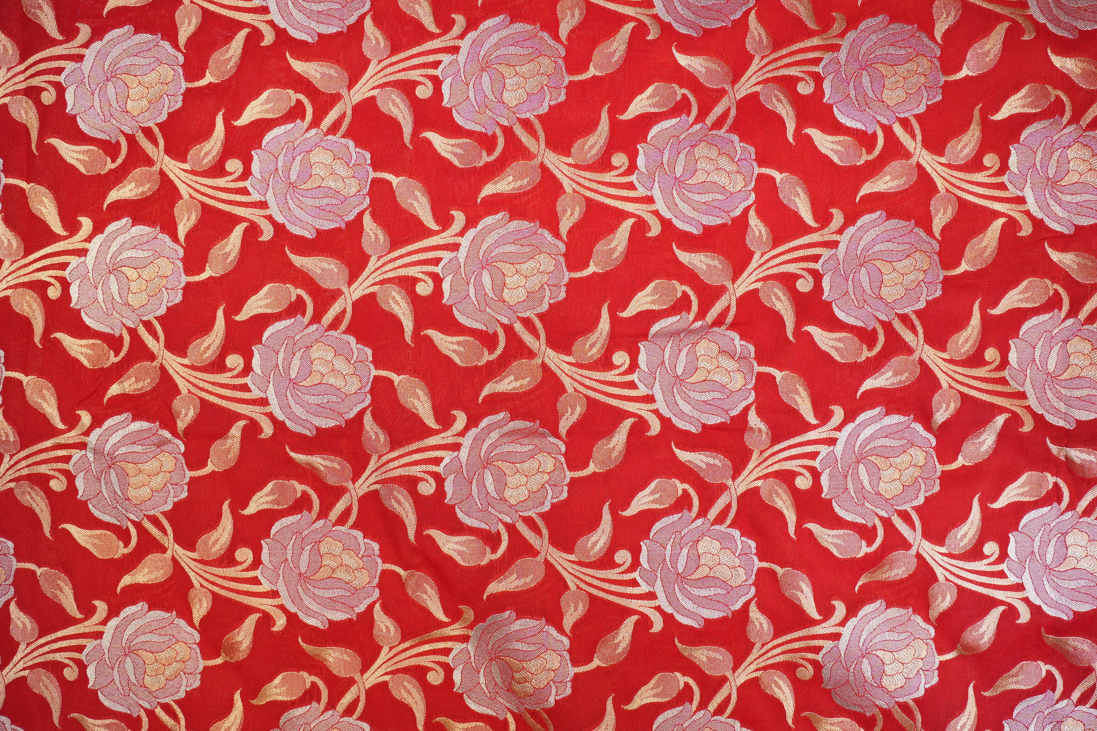 Red colour banarasi brocade fabric with beautiful floral pattern