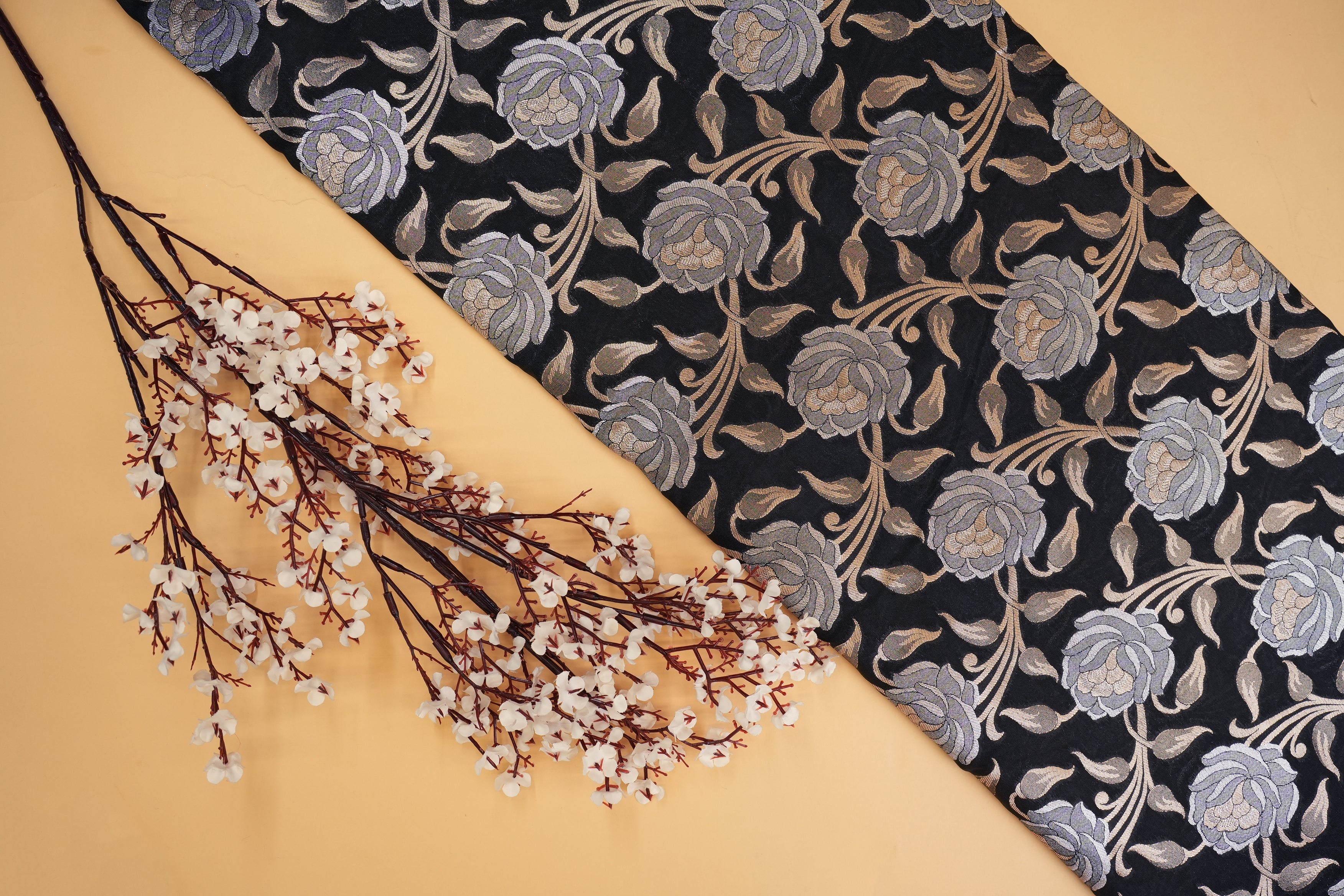 Black colour banarasi brocade fabric with beautiful floral pattern