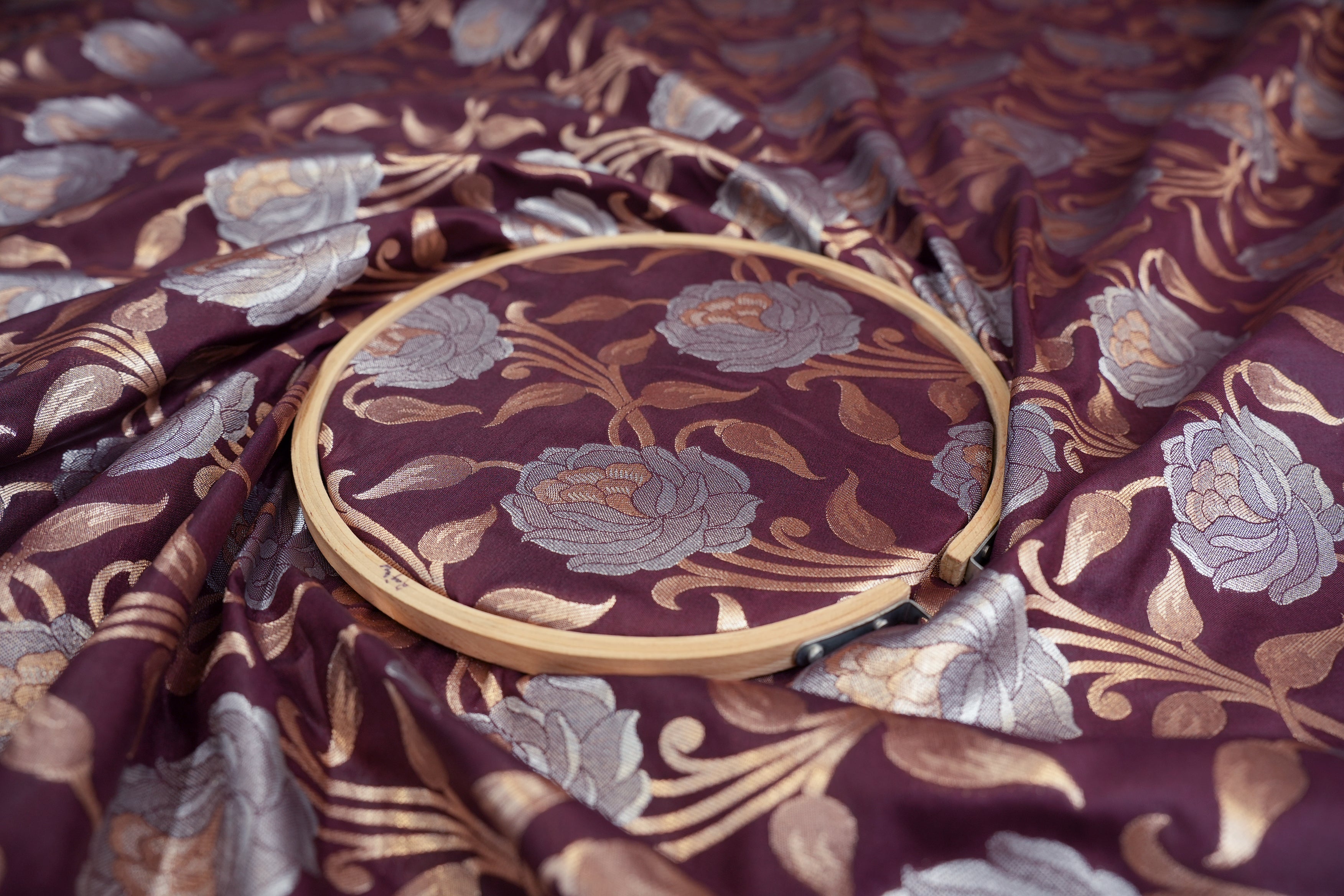 brown colour banarasi brocade fabric with beautiful floral pattern