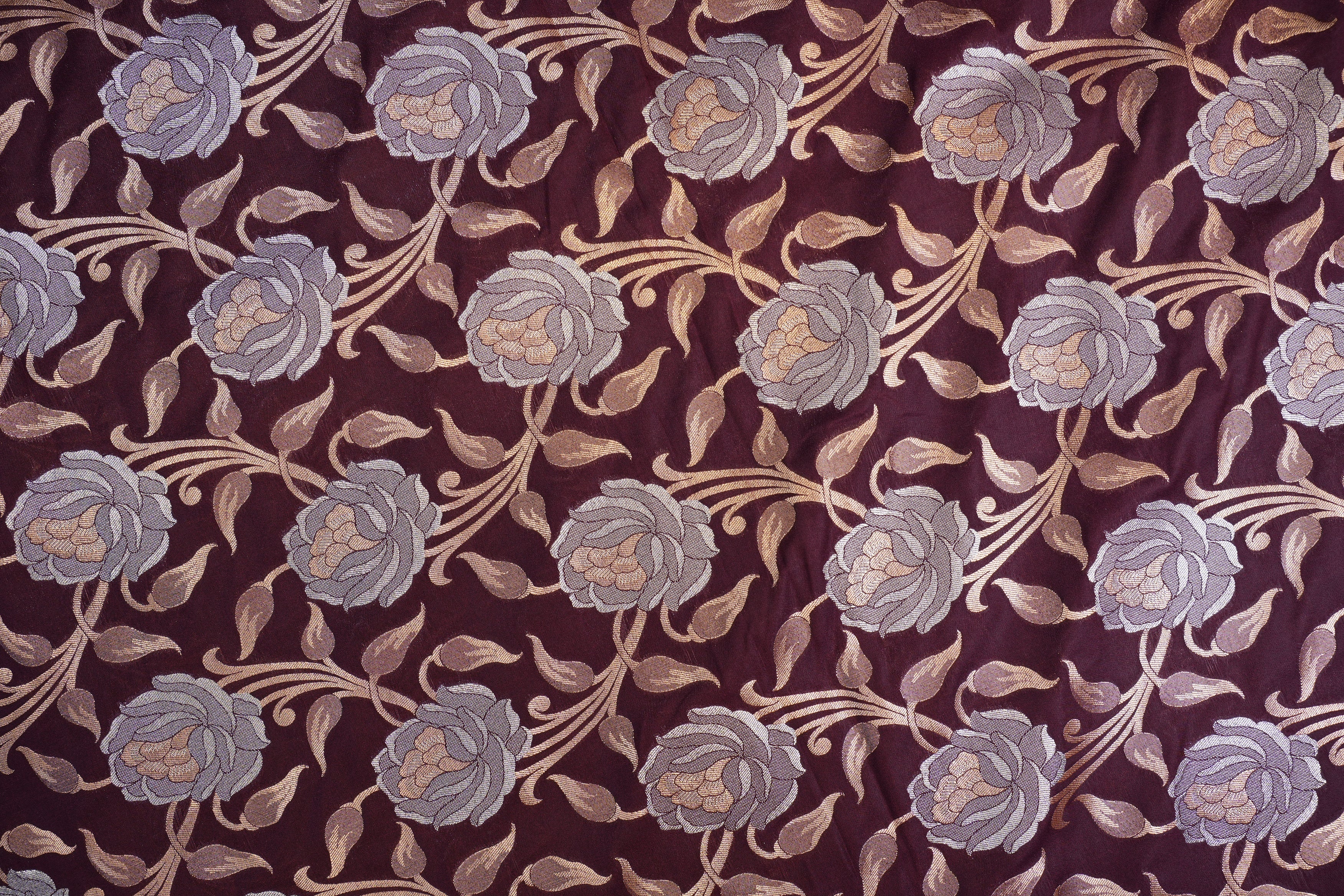 brown colour banarasi brocade fabric with beautiful floral pattern