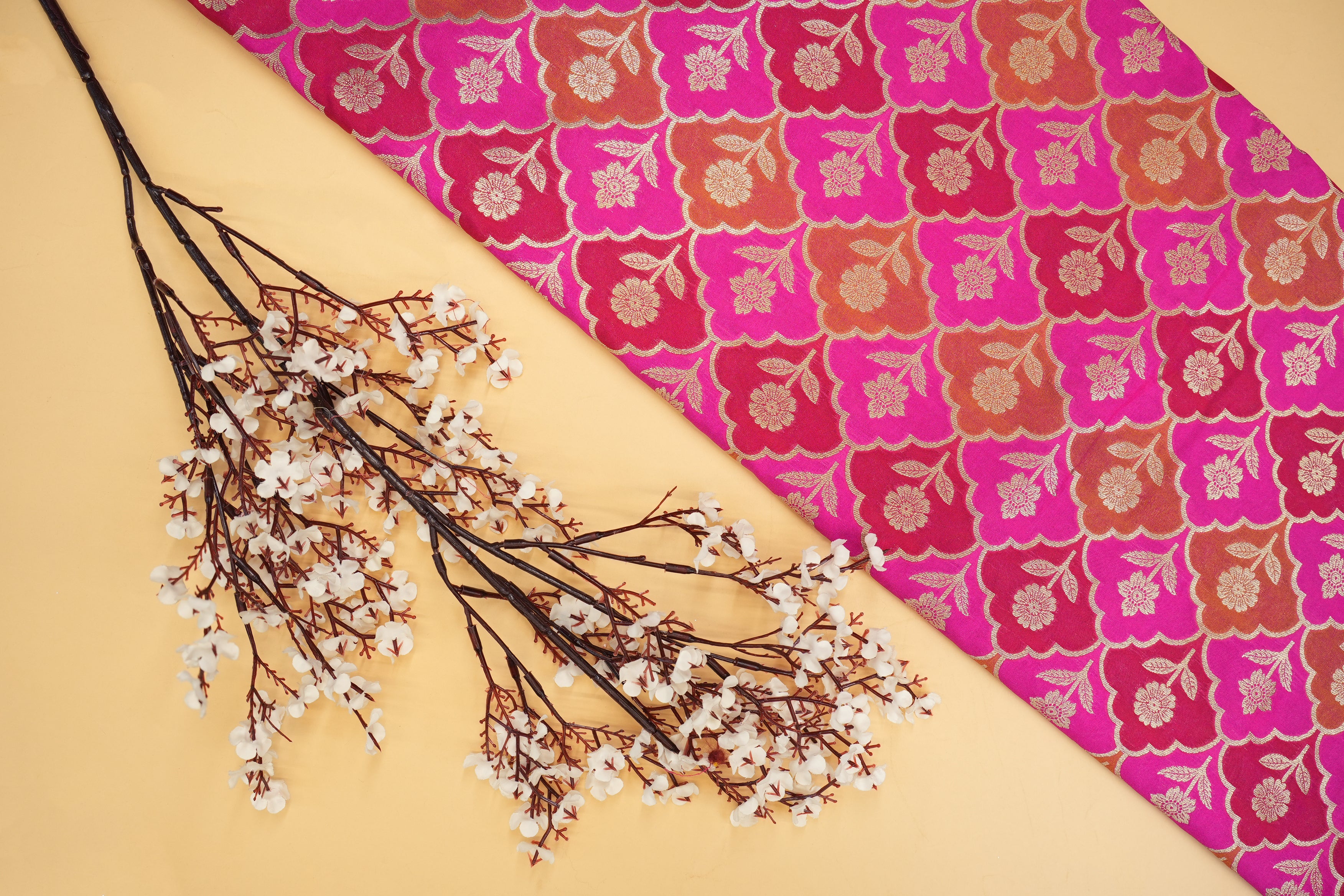 Pink colour banarasi brocade fabric with beautiful floral pattern