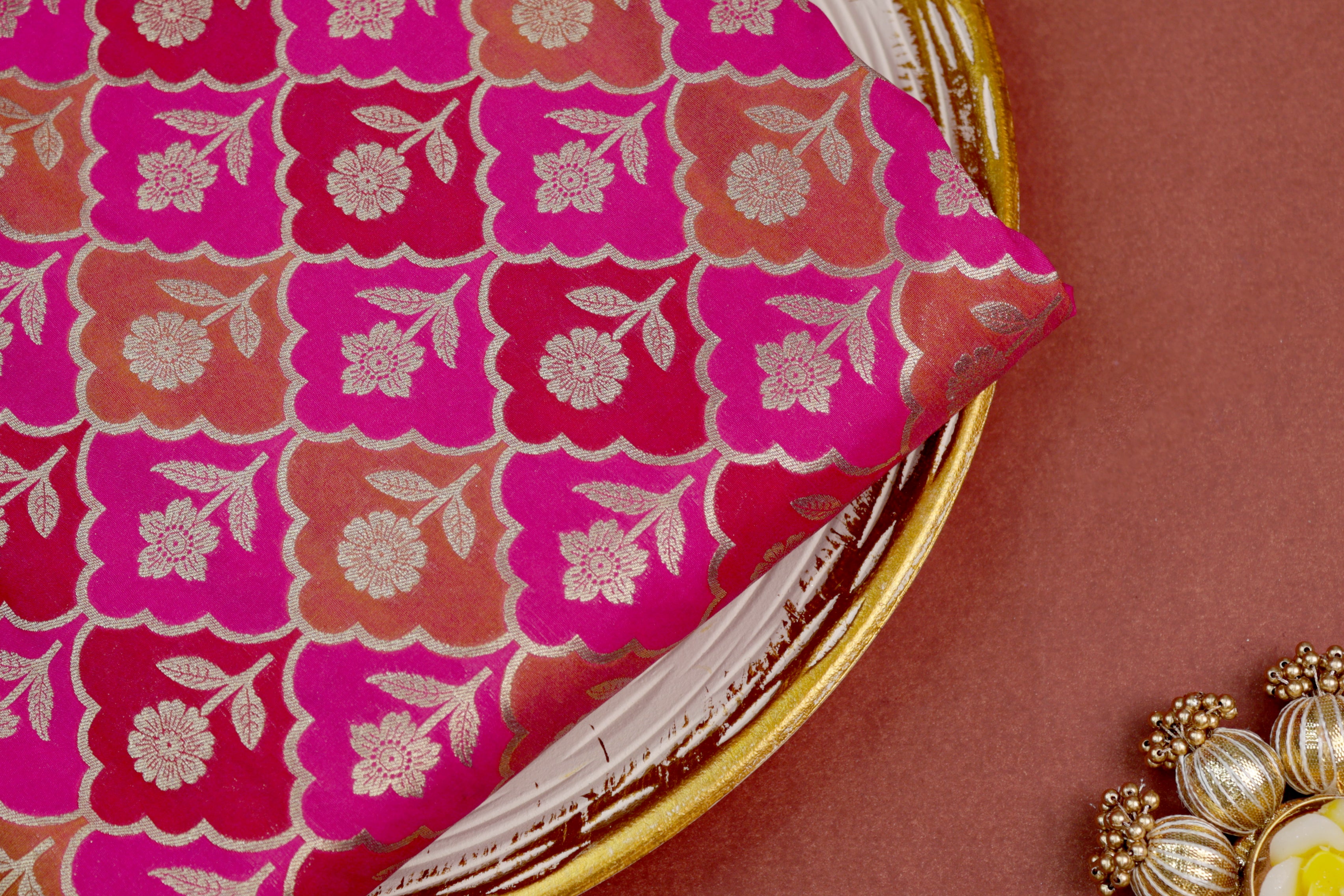 Pink colour banarasi brocade fabric with beautiful floral pattern