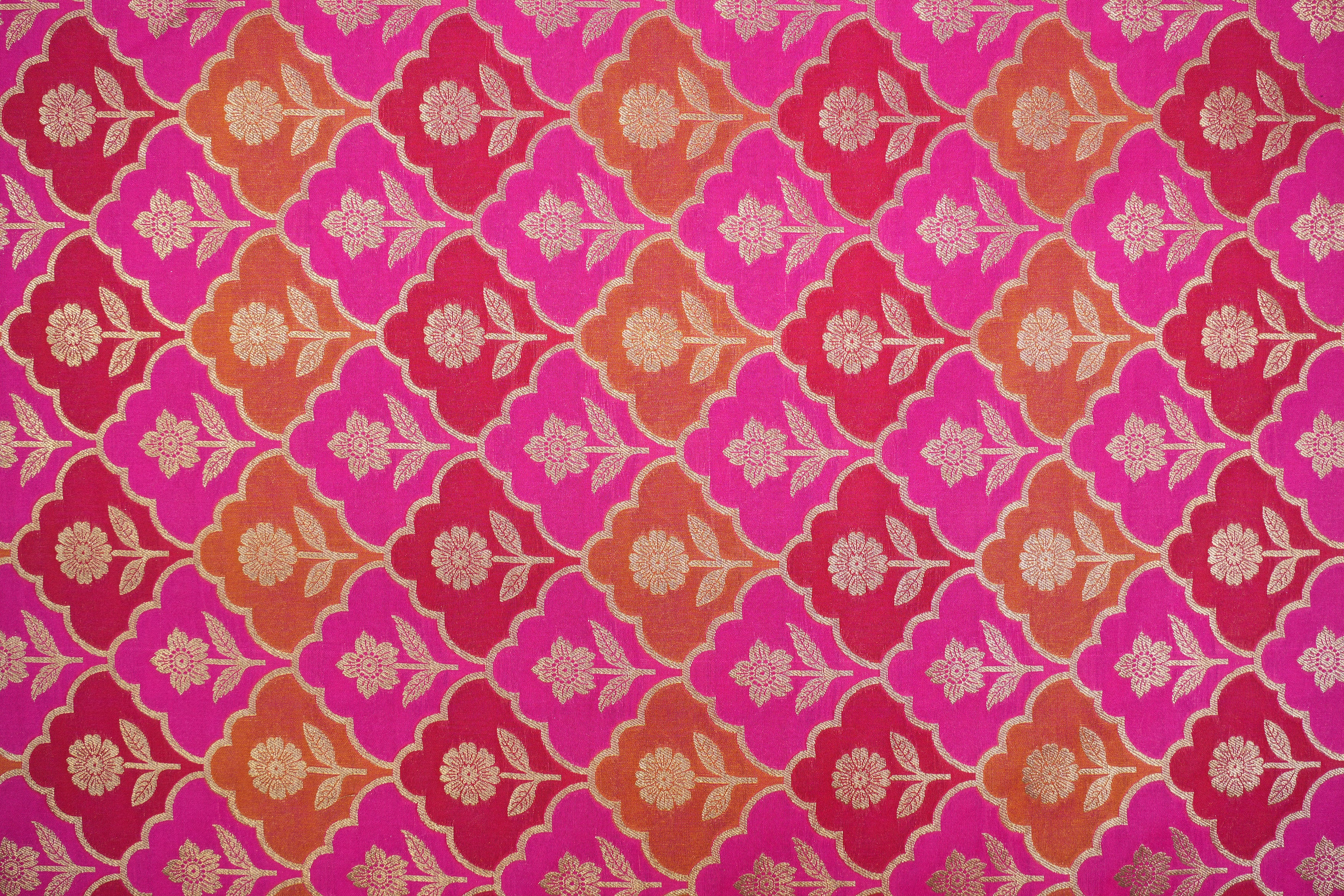 Pink colour banarasi brocade fabric with beautiful floral pattern