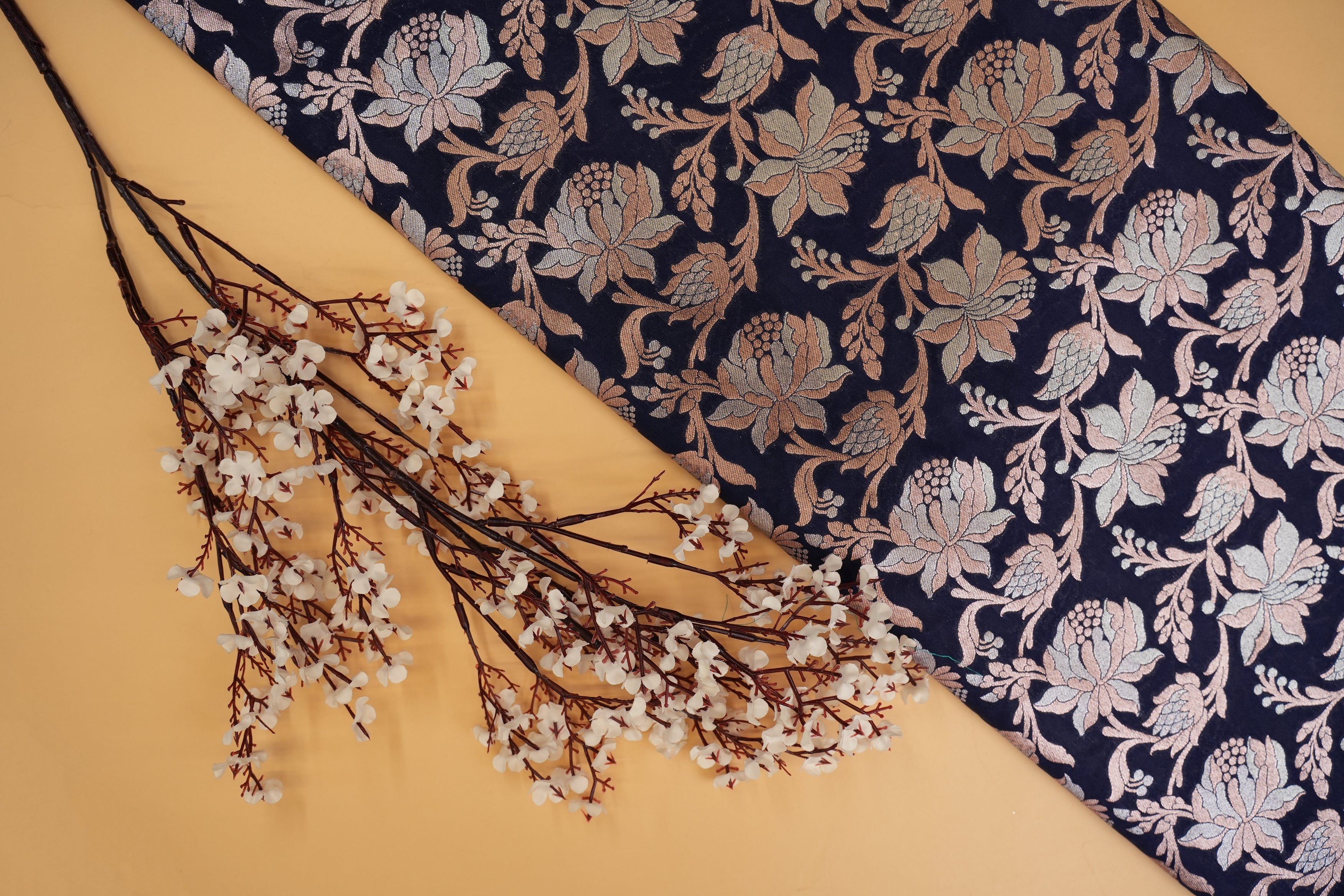 Navy blue colour banarasi brocade fabric with beautiful floral pattern