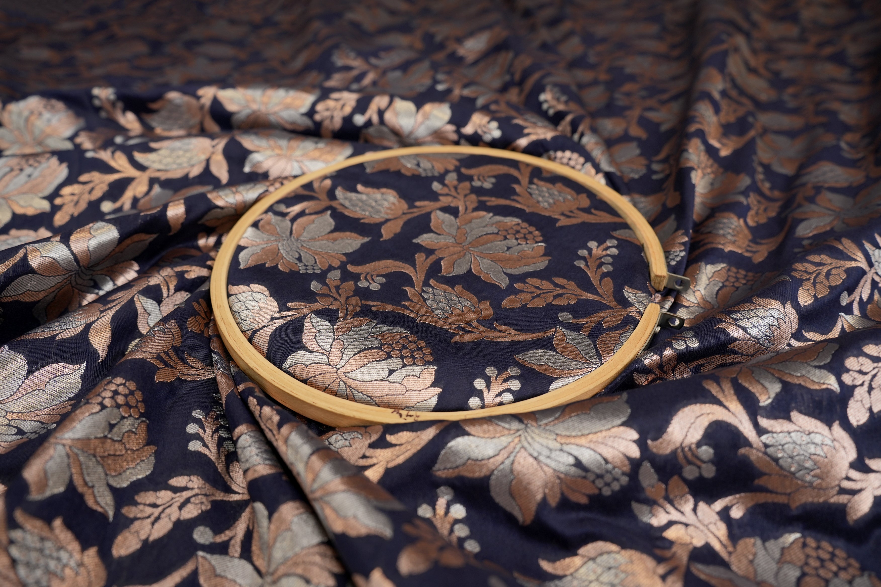 Navy blue colour banarasi brocade fabric with beautiful floral pattern