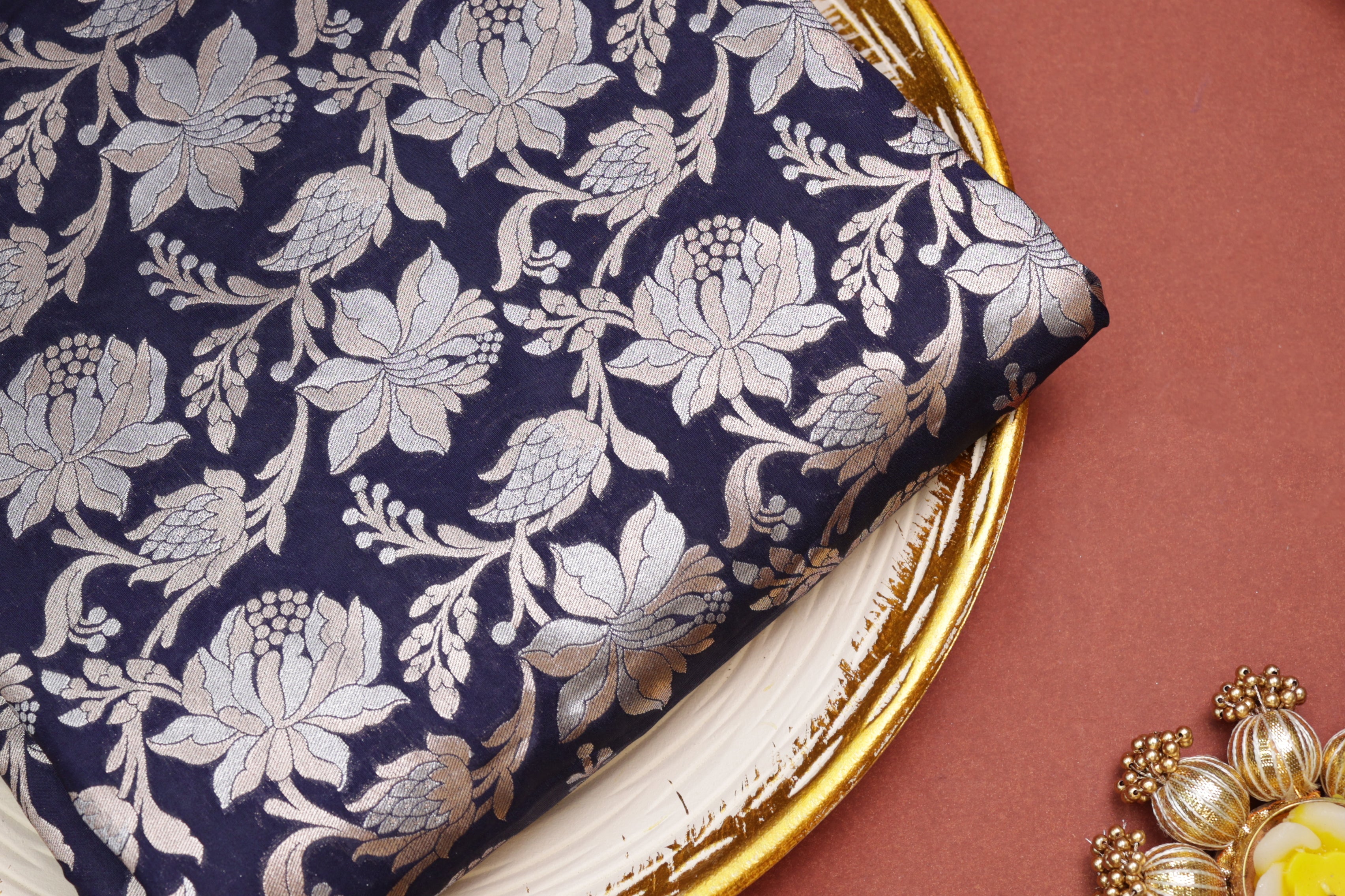 Navy blue colour banarasi brocade fabric with beautiful floral pattern