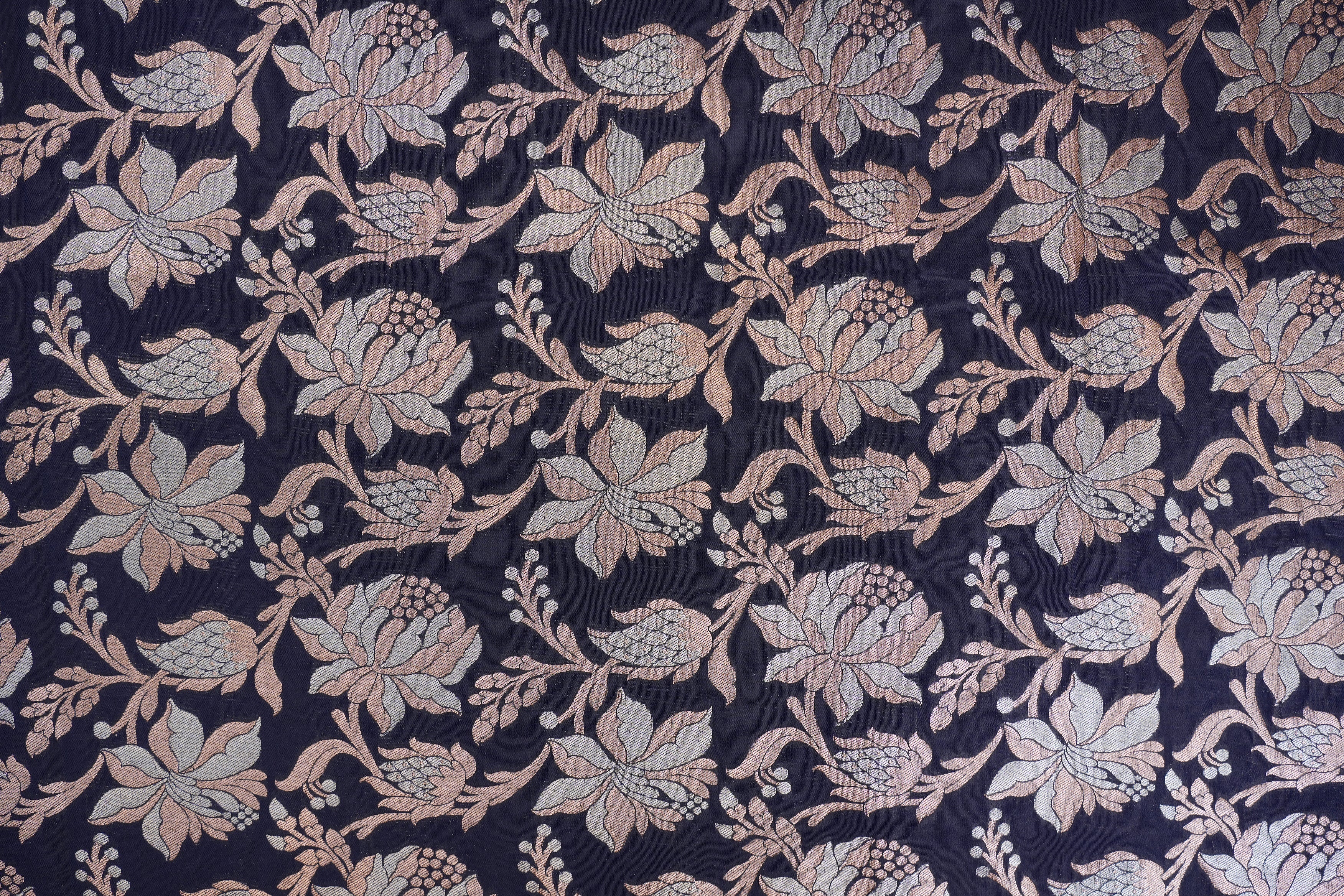 Navy blue colour banarasi brocade fabric with beautiful floral pattern