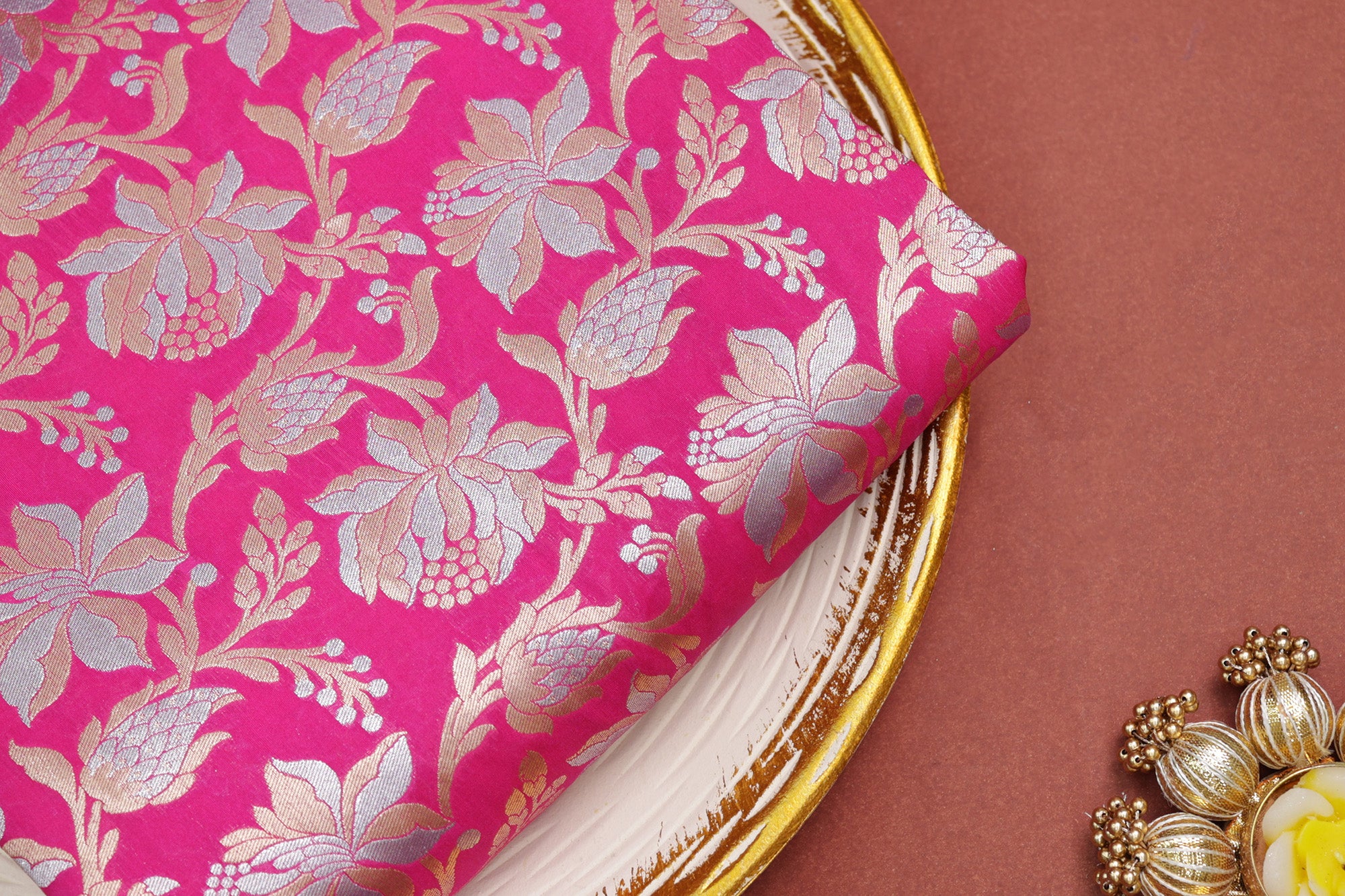 Rani pink colour banarasi brocade fabric with beautiful floral pattern