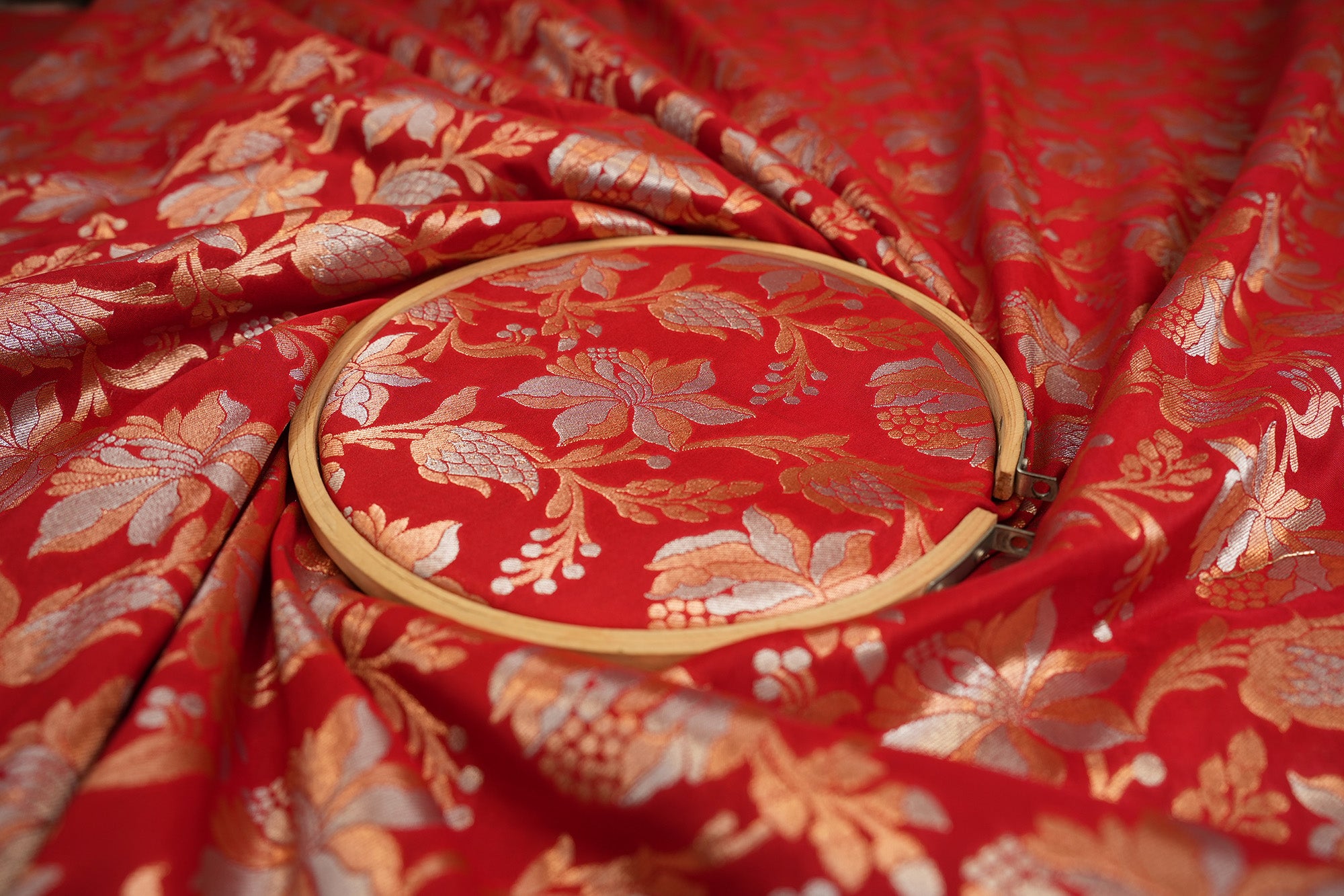 Red colour banarasi brocade fabric with beautiful floral pattern