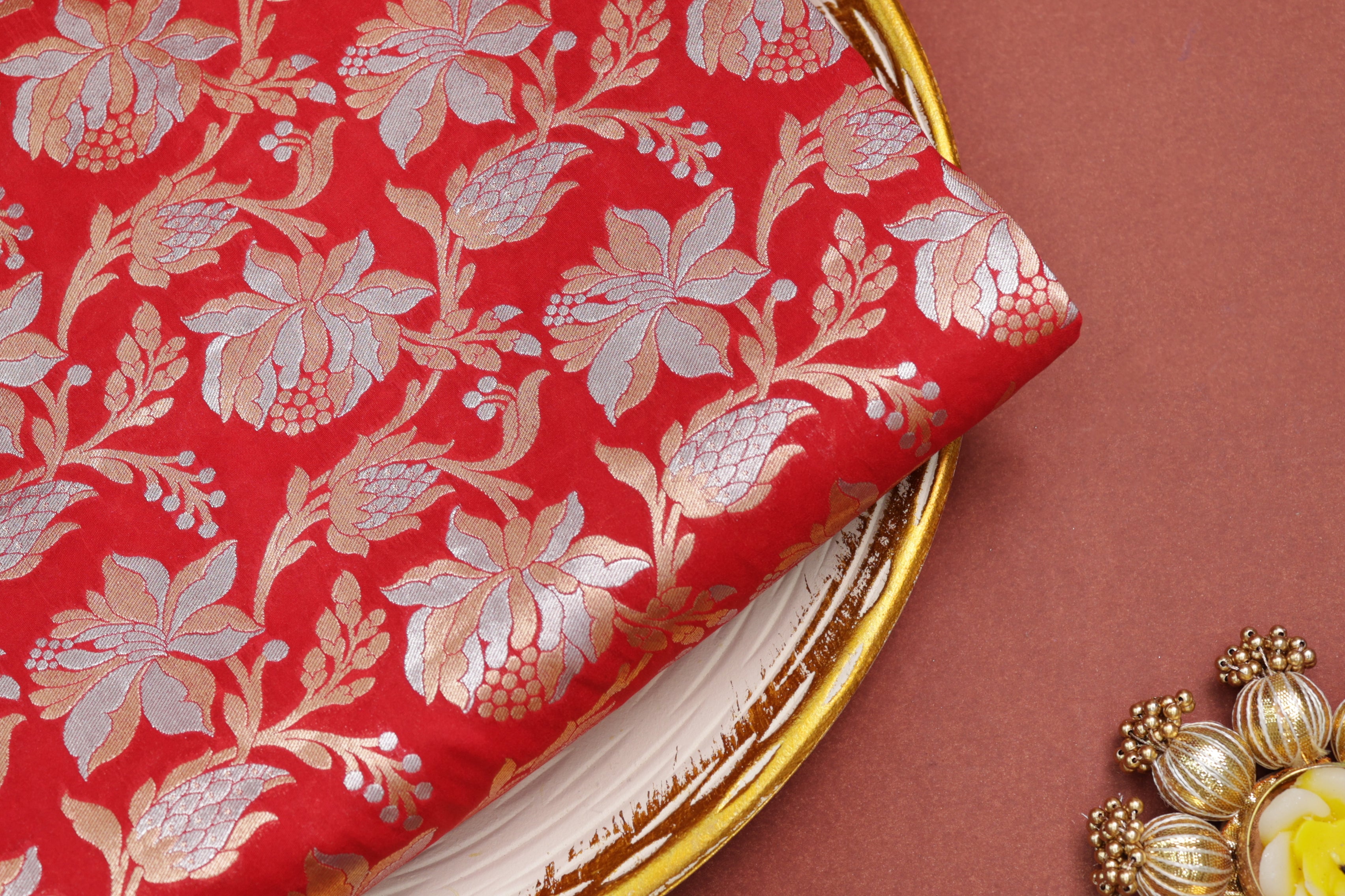 Red colour banarasi brocade fabric with beautiful floral pattern