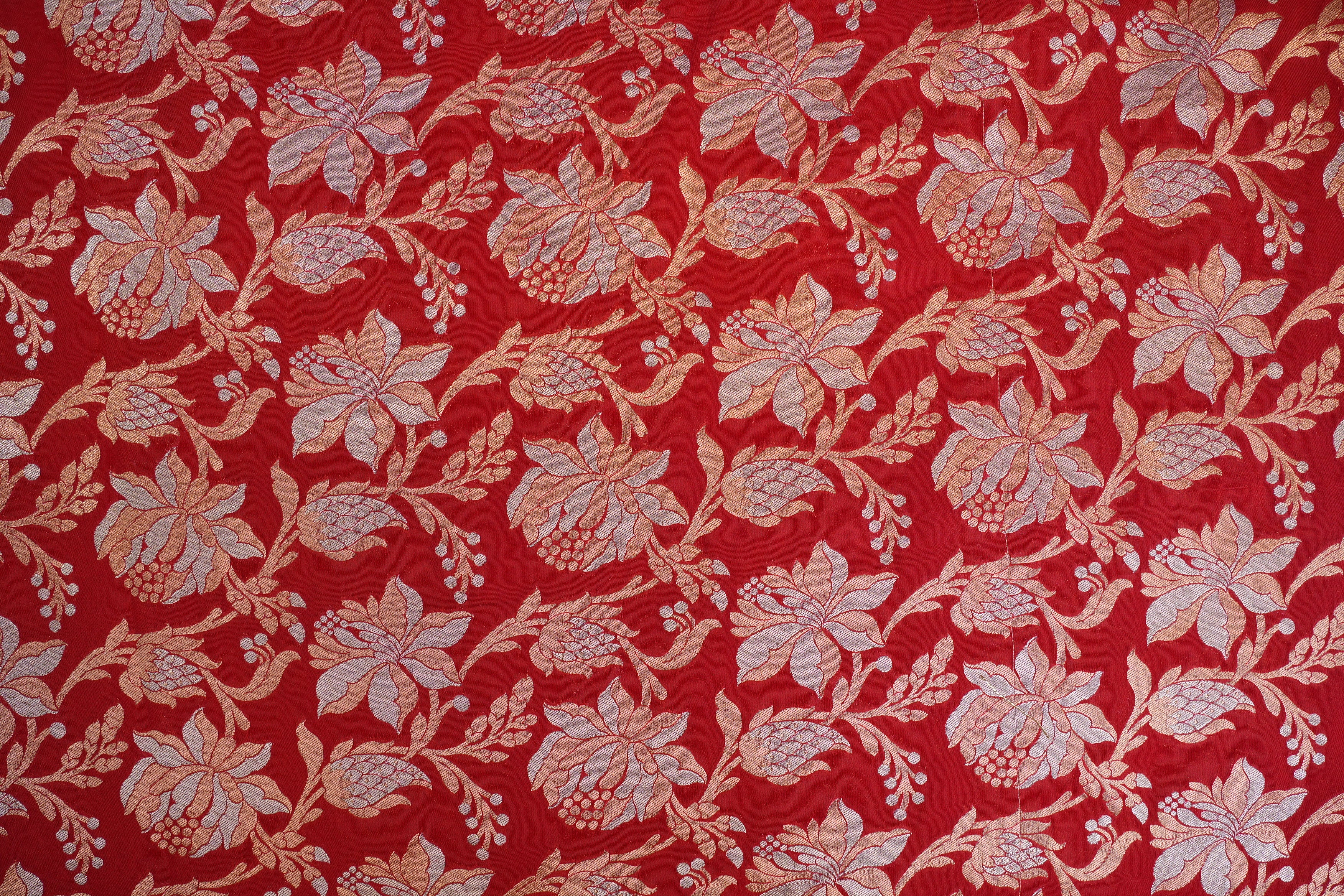 Red colour banarasi brocade fabric with beautiful floral pattern