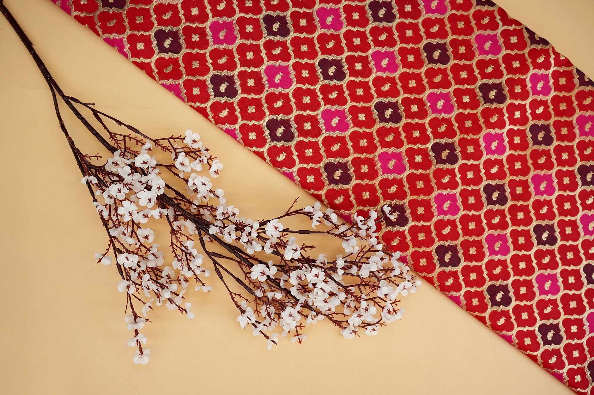 Red banarasi brocade fabric with beautiful traditional pattern