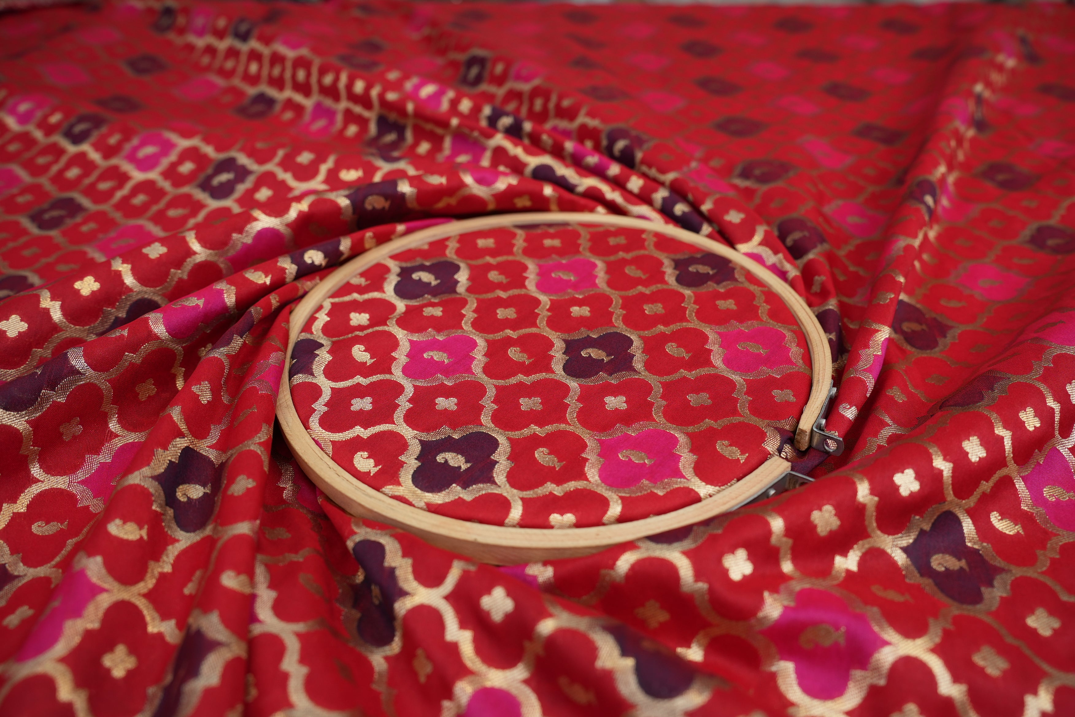 Red banarasi brocade fabric with beautiful traditional pattern