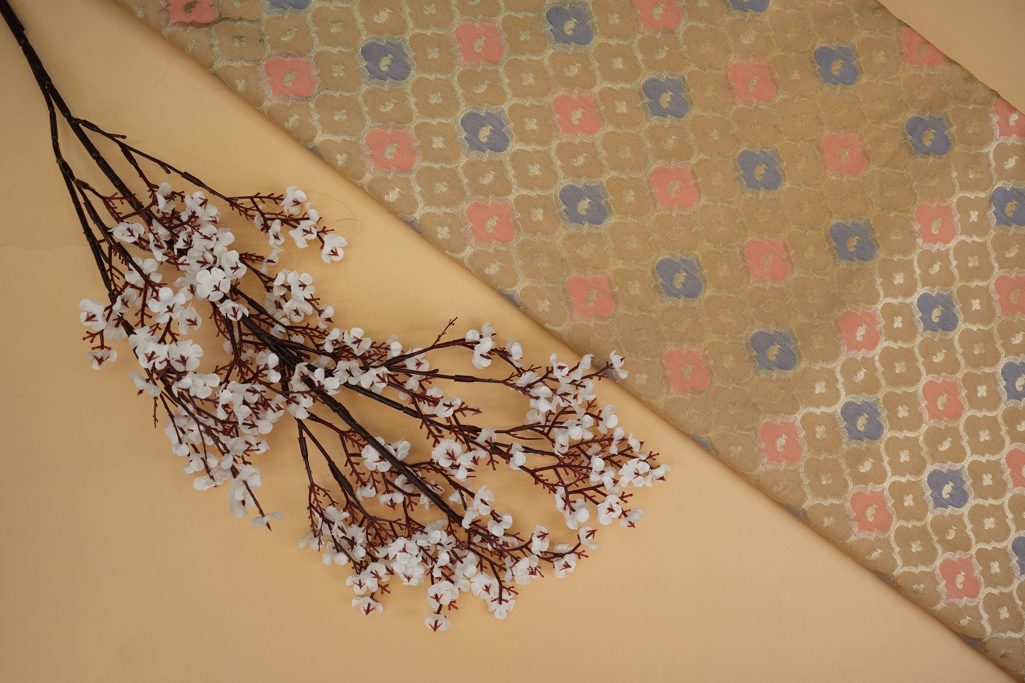 Beige  banarasi brocade fabric with beautiful traditional pattern