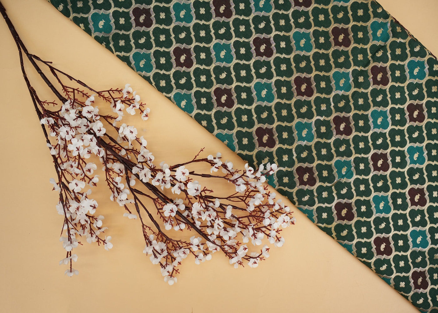 Green banarasi  brocade fabric with beautiful traditional pattern -Paras Gallery Fabrics