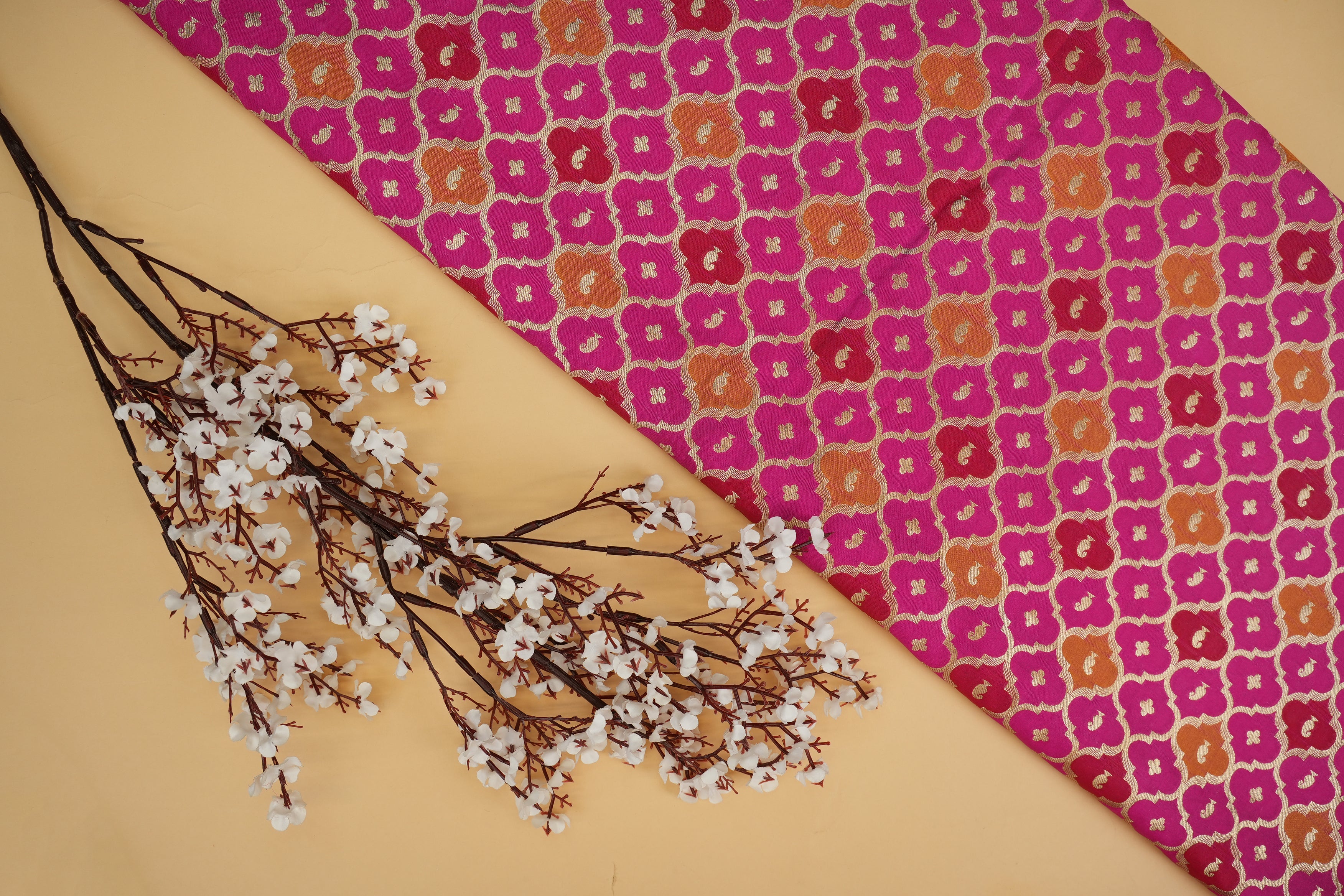 Pink banarasi brocade fabric with beautiful traditional pattern