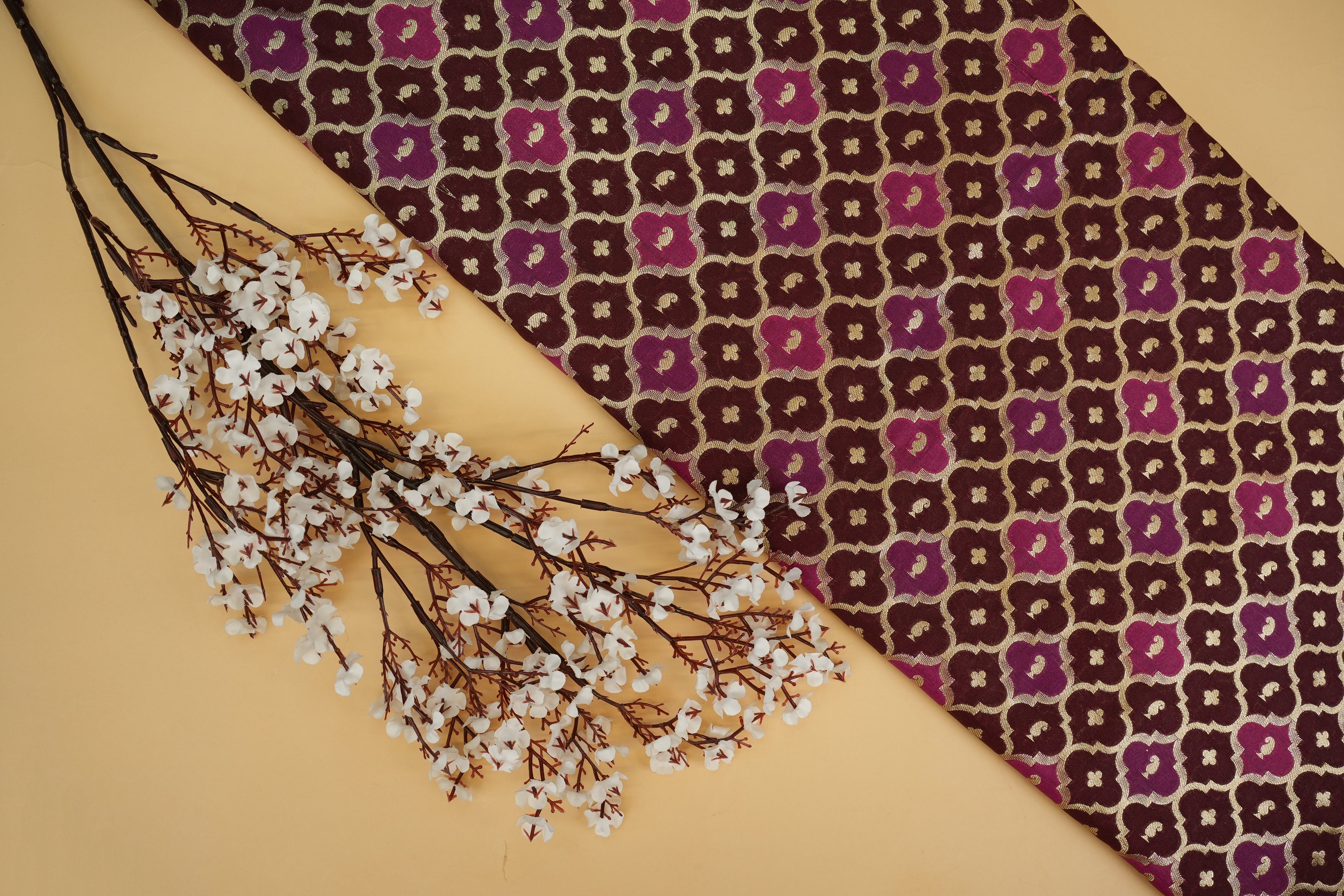 Maroon banarasi brocade fabric with beautiful traditional pattern