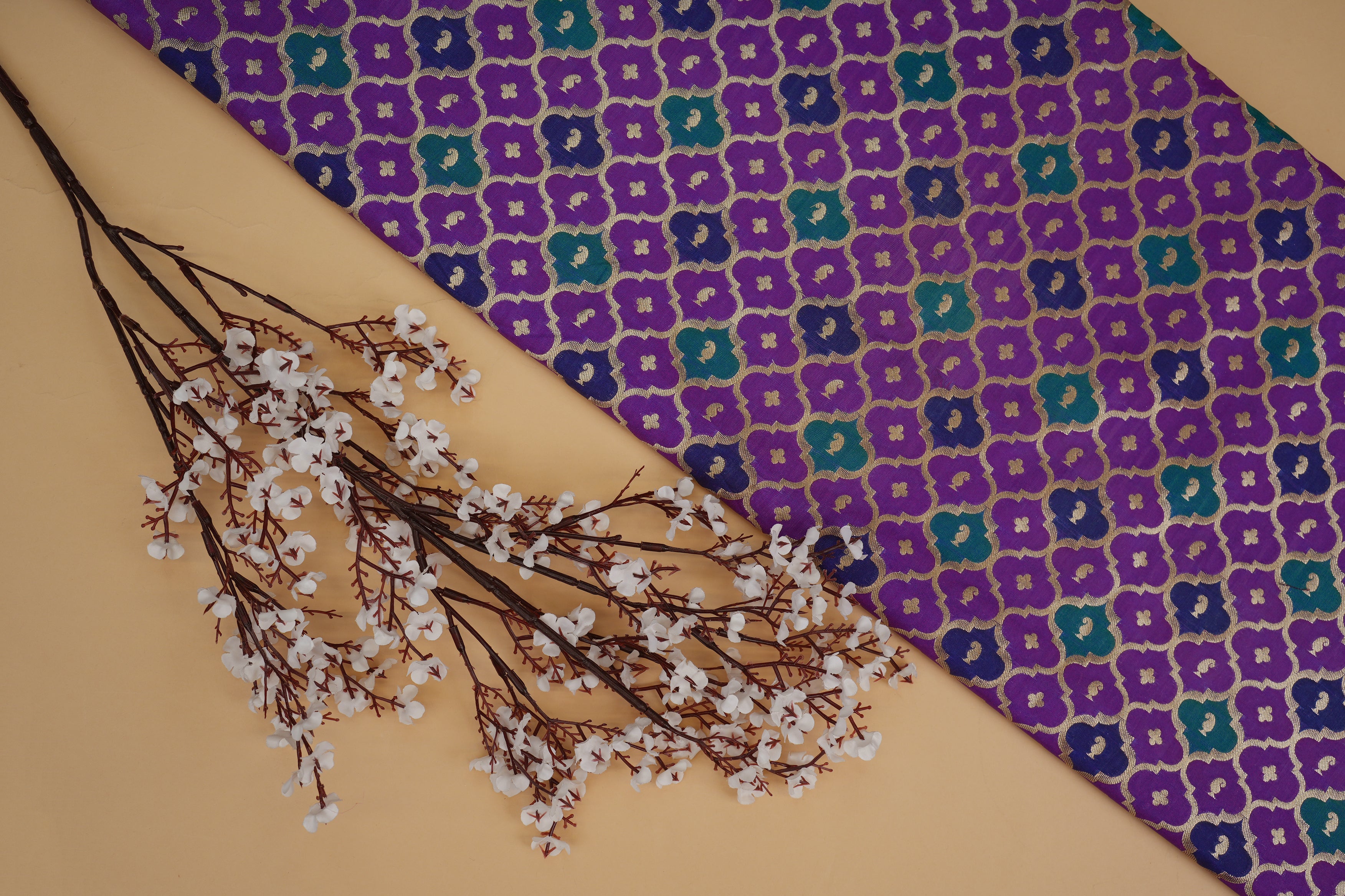 Purple banarasi brocade fabric with beautiful traditional pattern