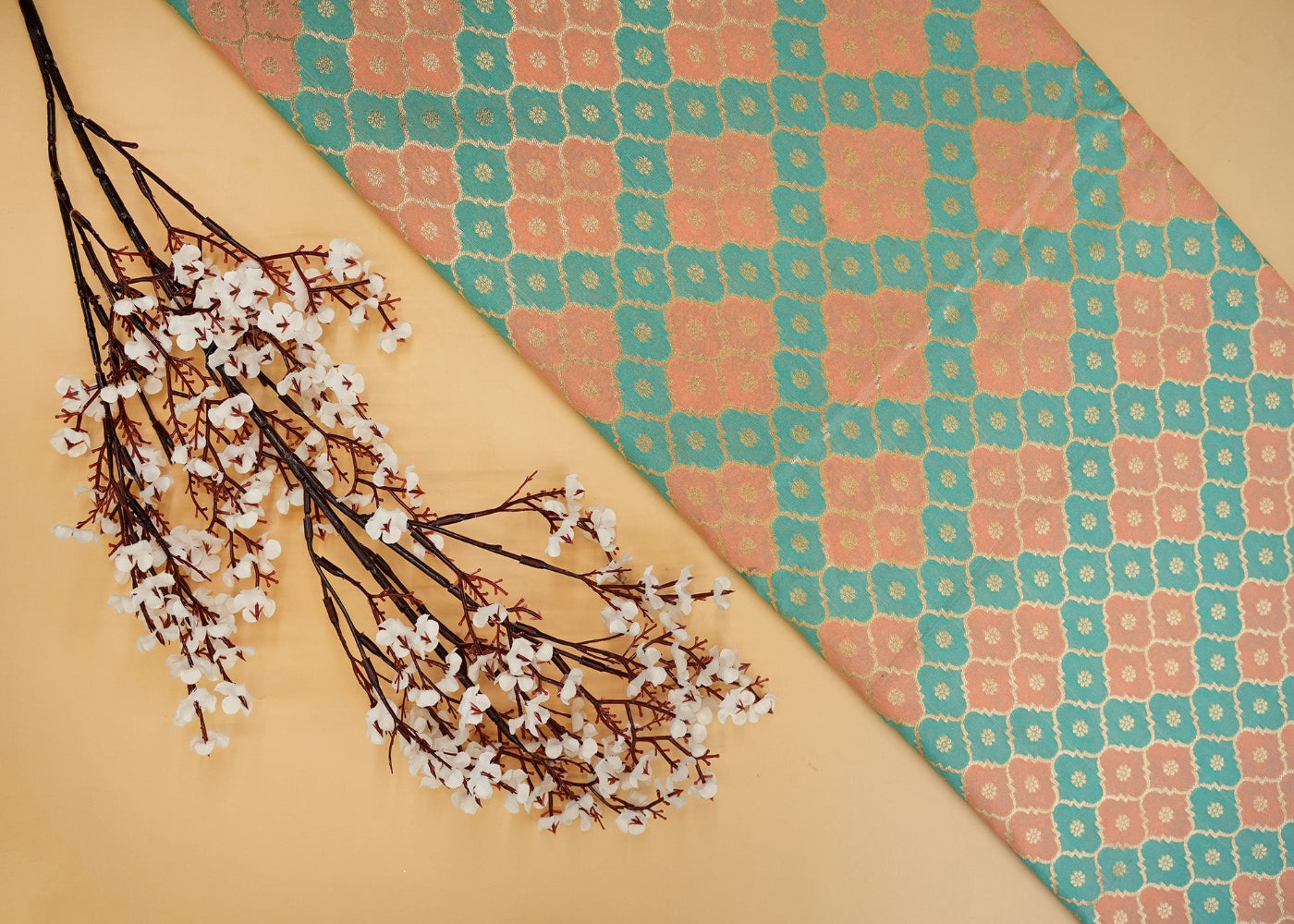 Peach green colour banarasi brocade fabric -Paras Gallery Fabrics