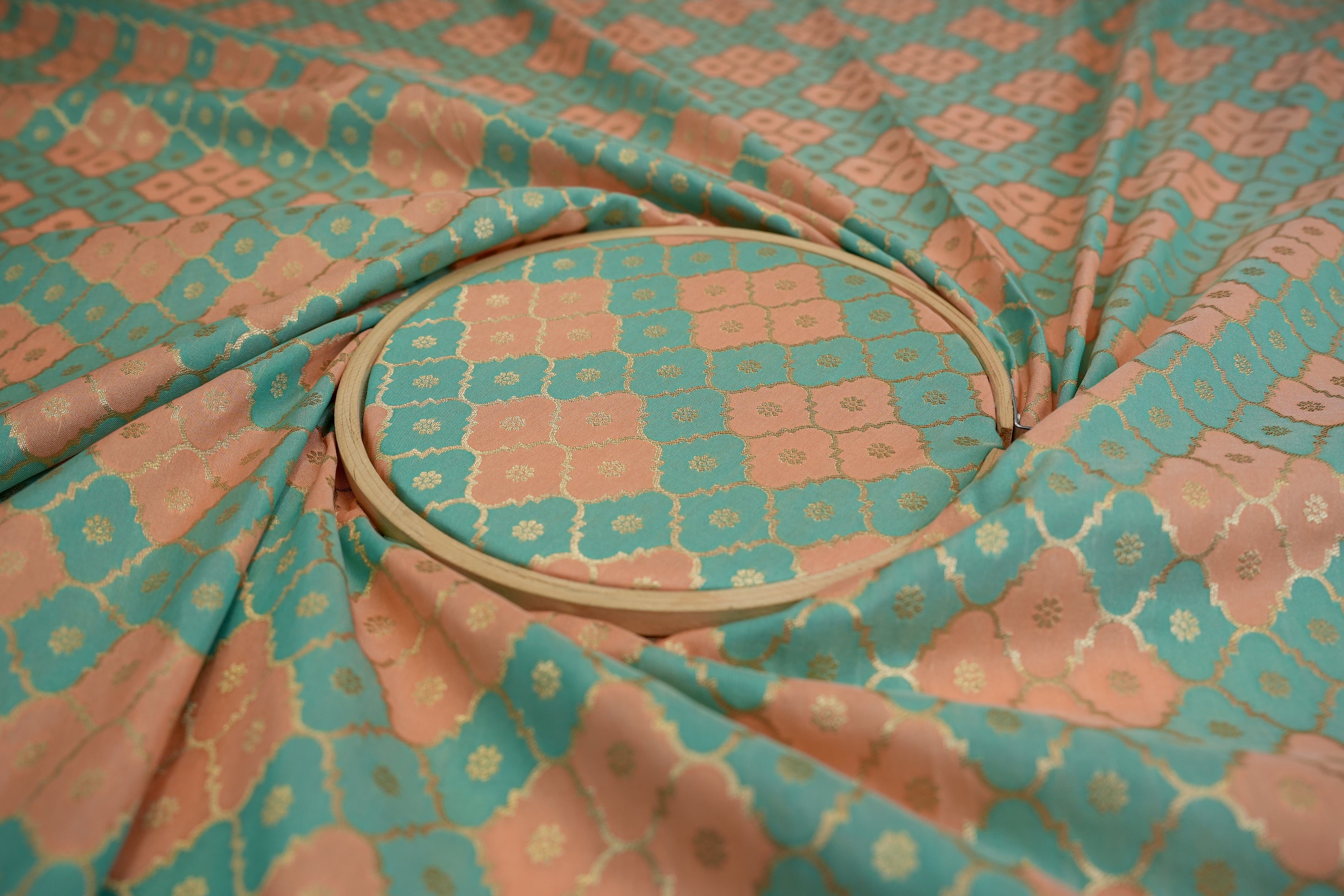 Peach green colour banarasi brocade fabric with beautiful traditional pattern