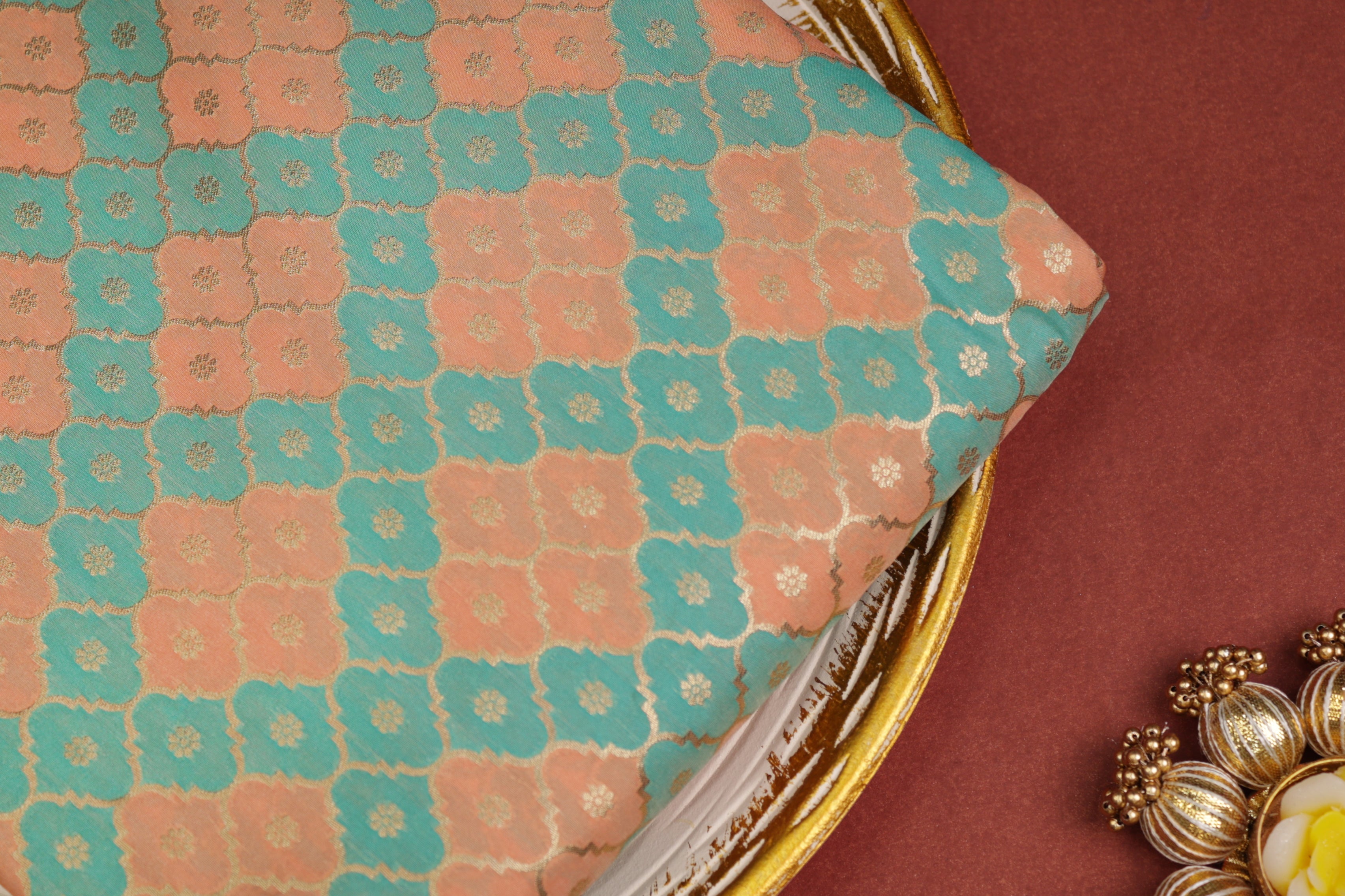 Peach green colour banarasi brocade fabric with beautiful traditional pattern