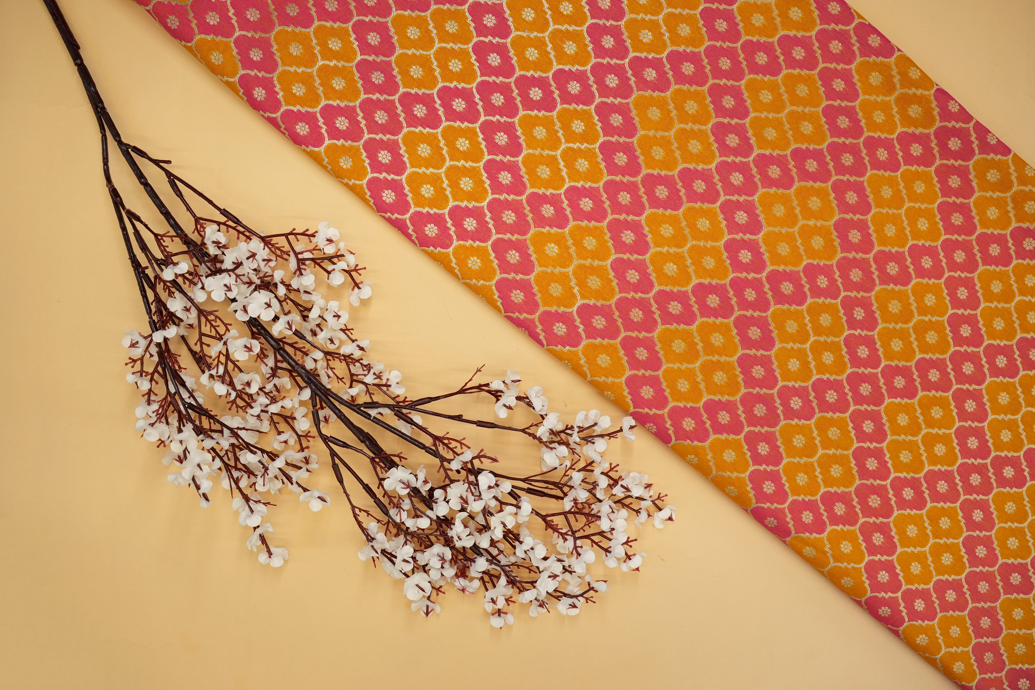 Yellow colour banarasi brocade fabric with beautiful traditional pattern