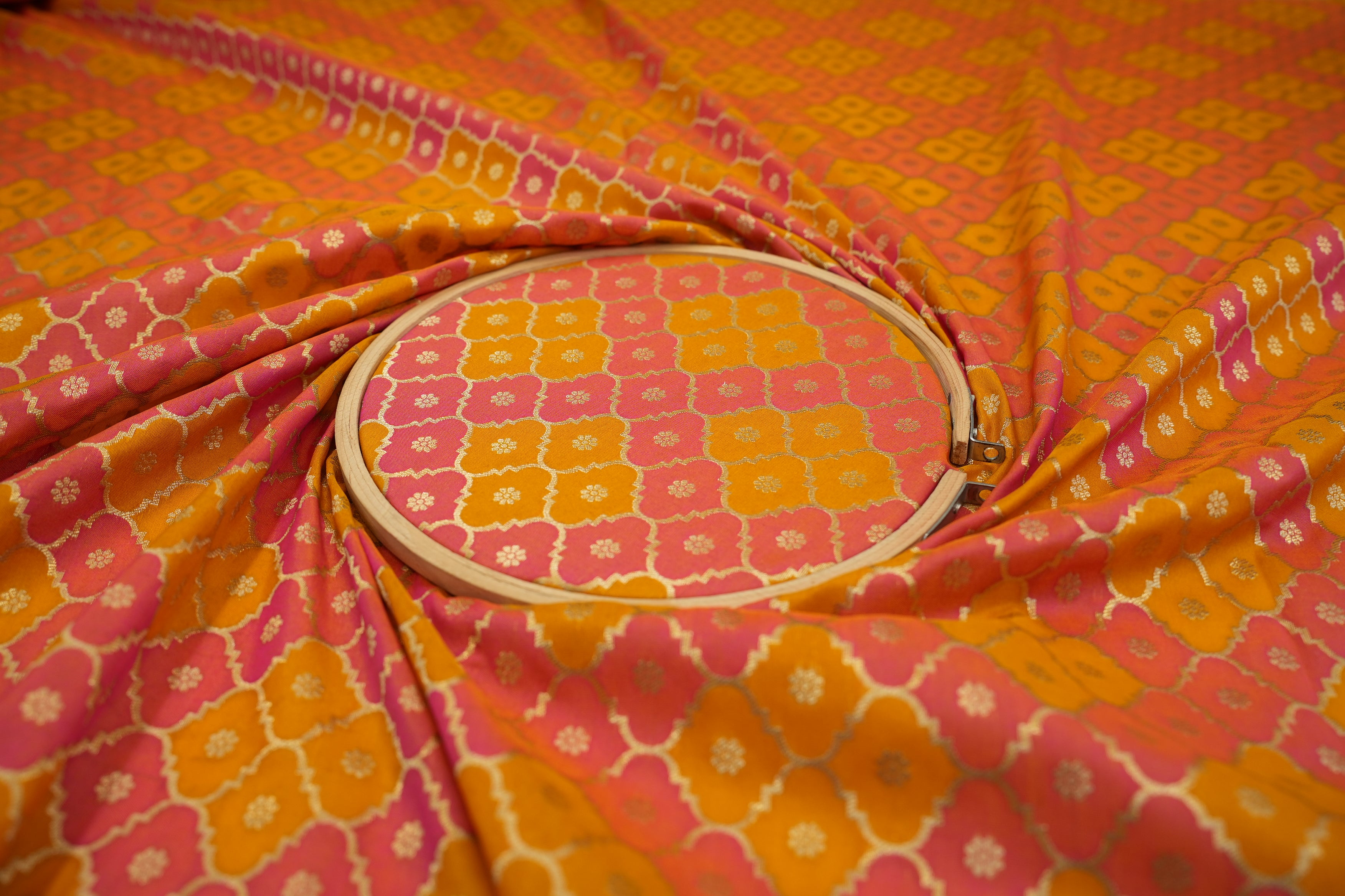 Yellow colour banarasi brocade fabric with beautiful traditional pattern