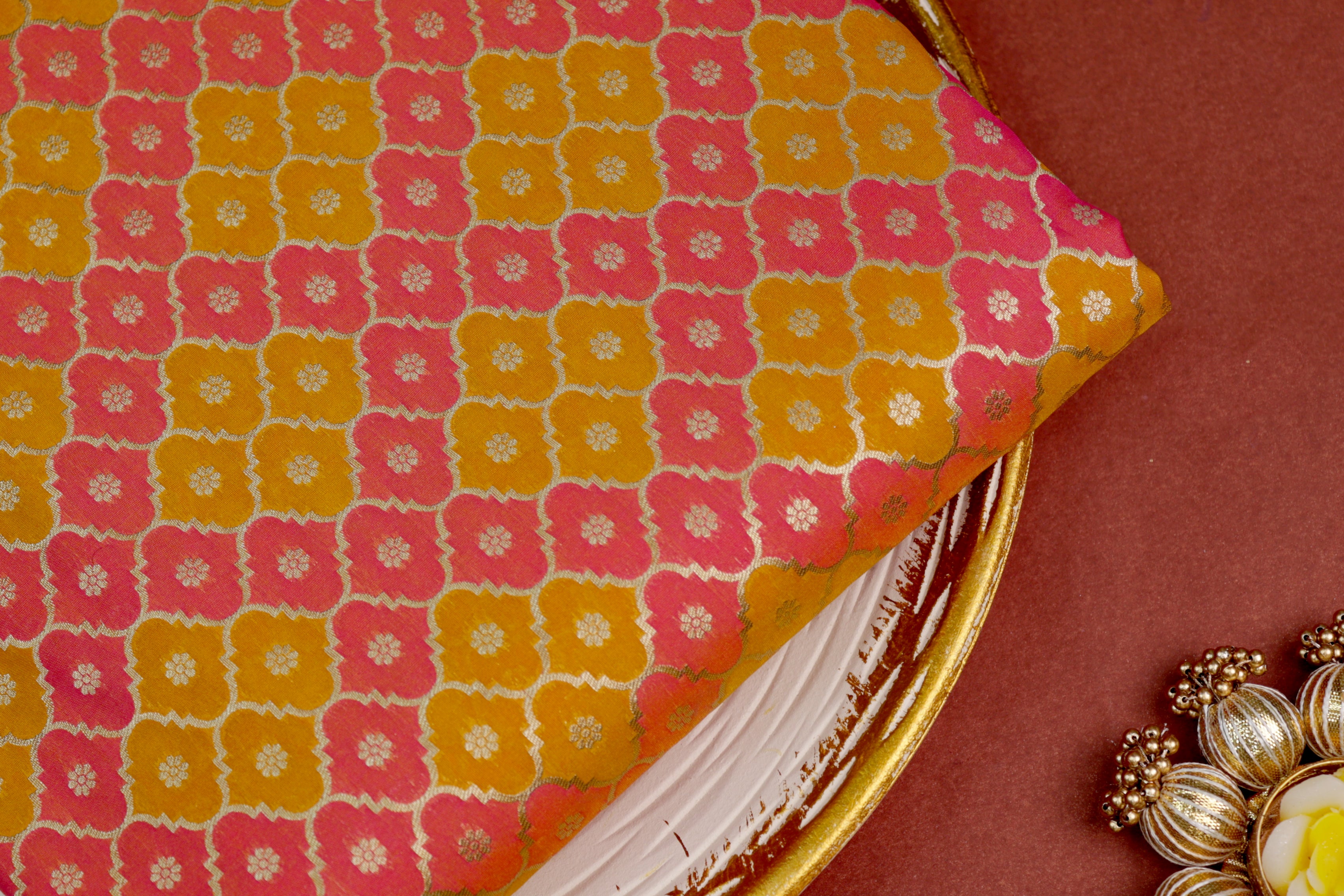 Yellow colour banarasi brocade fabric with beautiful traditional pattern