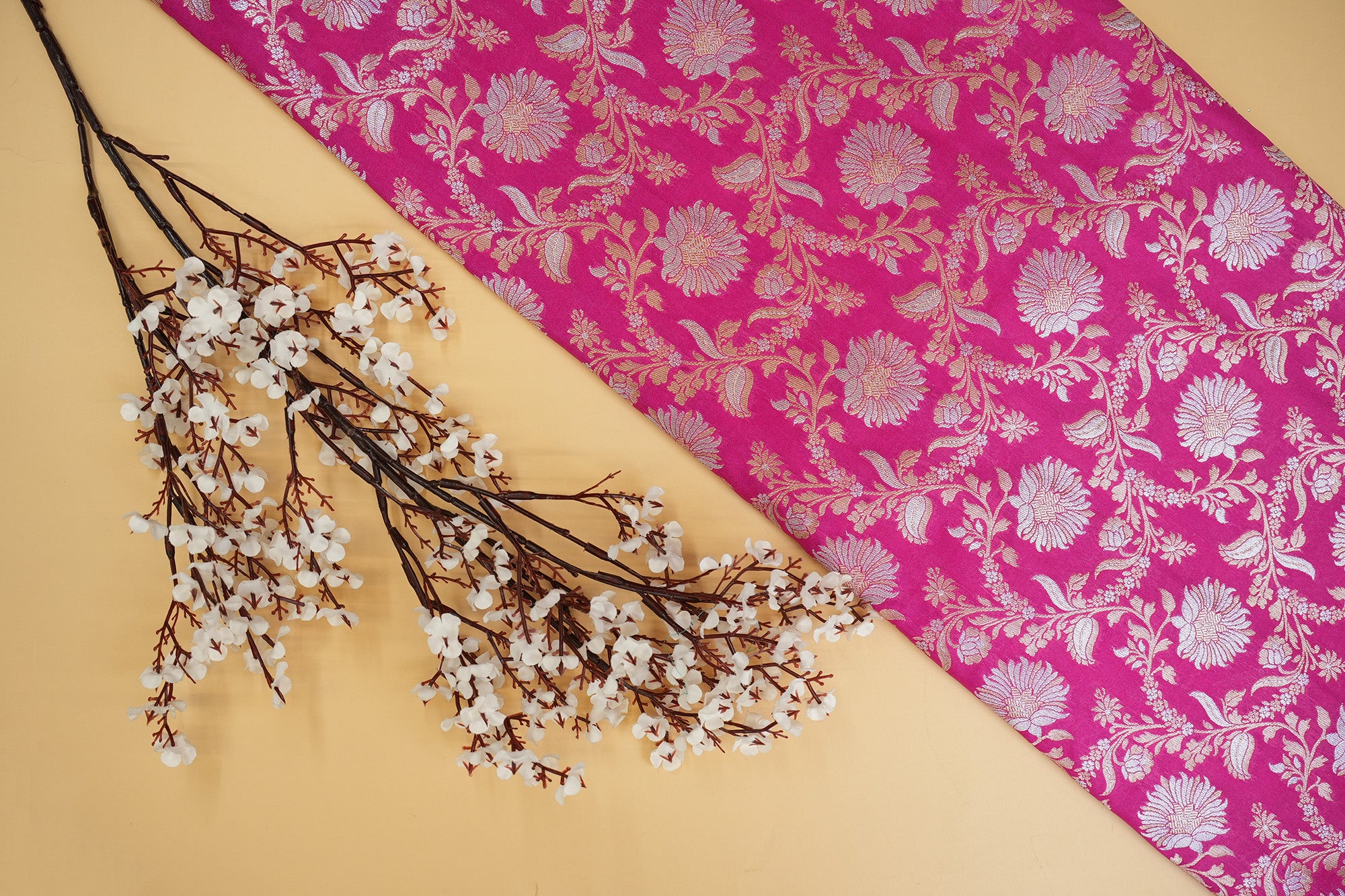 Rani pink colour banarasi brocade fabric with beautiful floral pattern