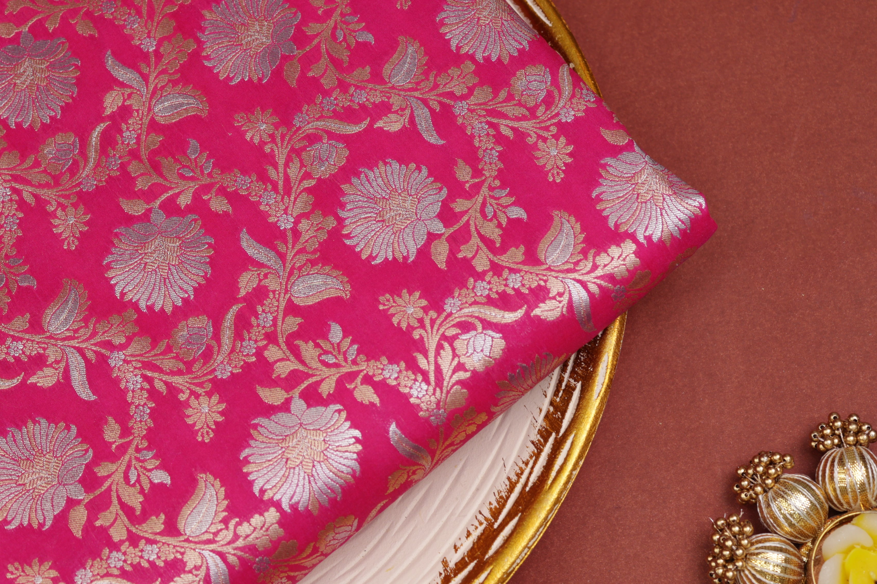 Rani pink colour banarasi brocade fabric with beautiful floral pattern