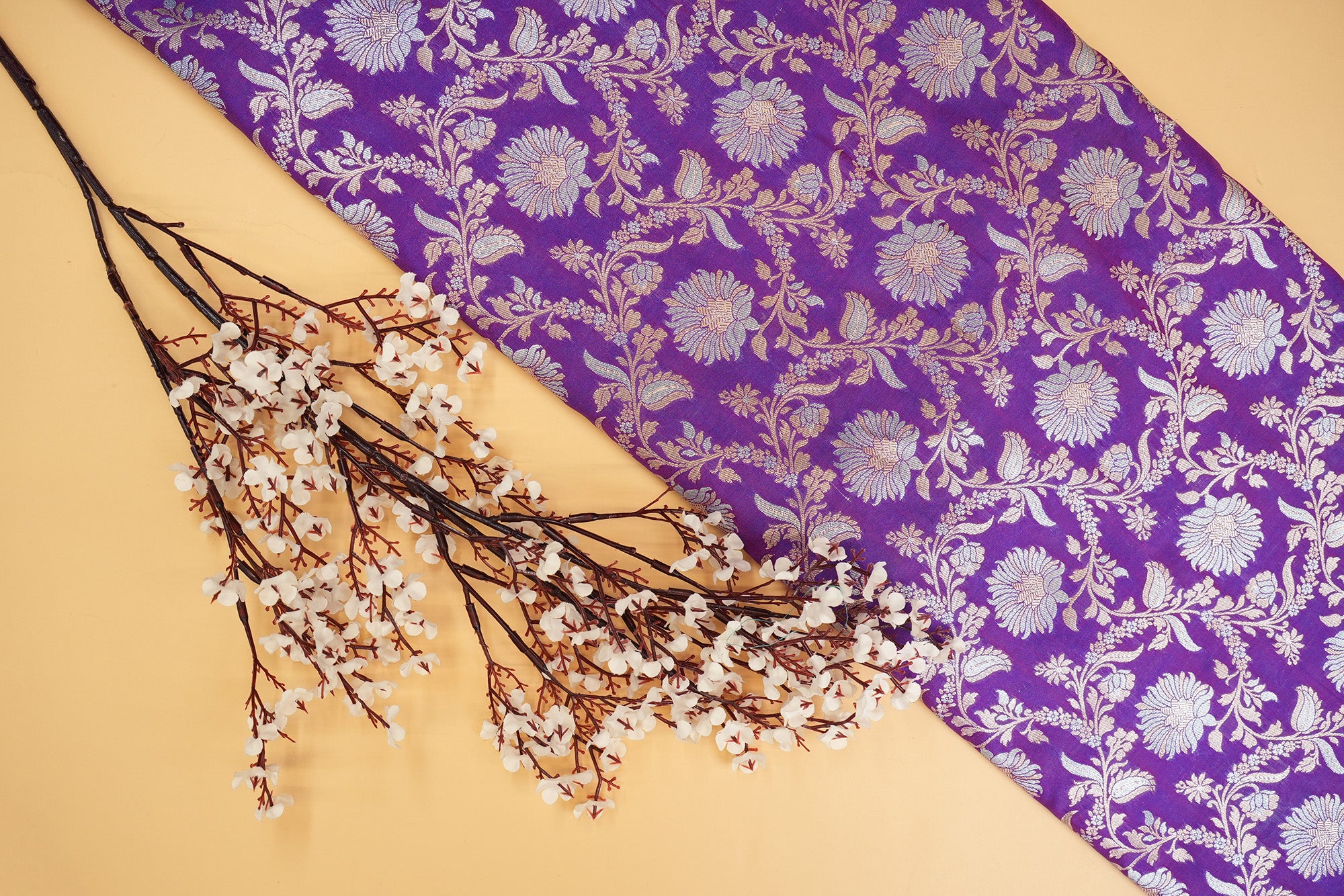 Purple colour banarasi brocade fabric with beautiful floral pattern