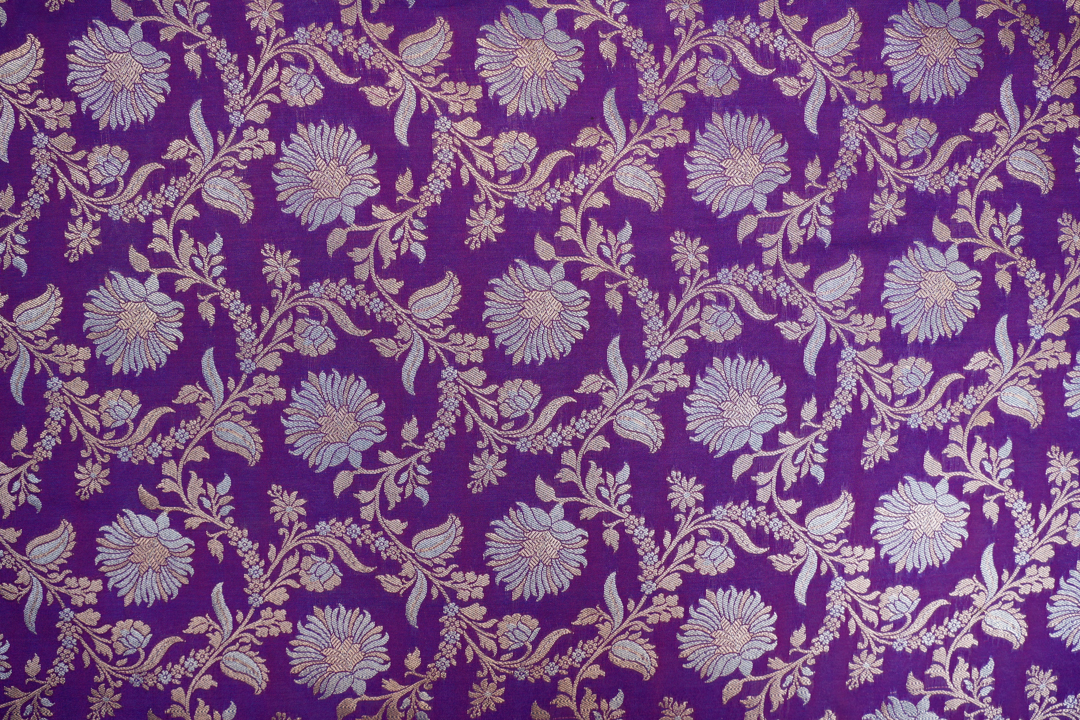 Purple colour banarasi brocade fabric with beautiful floral pattern