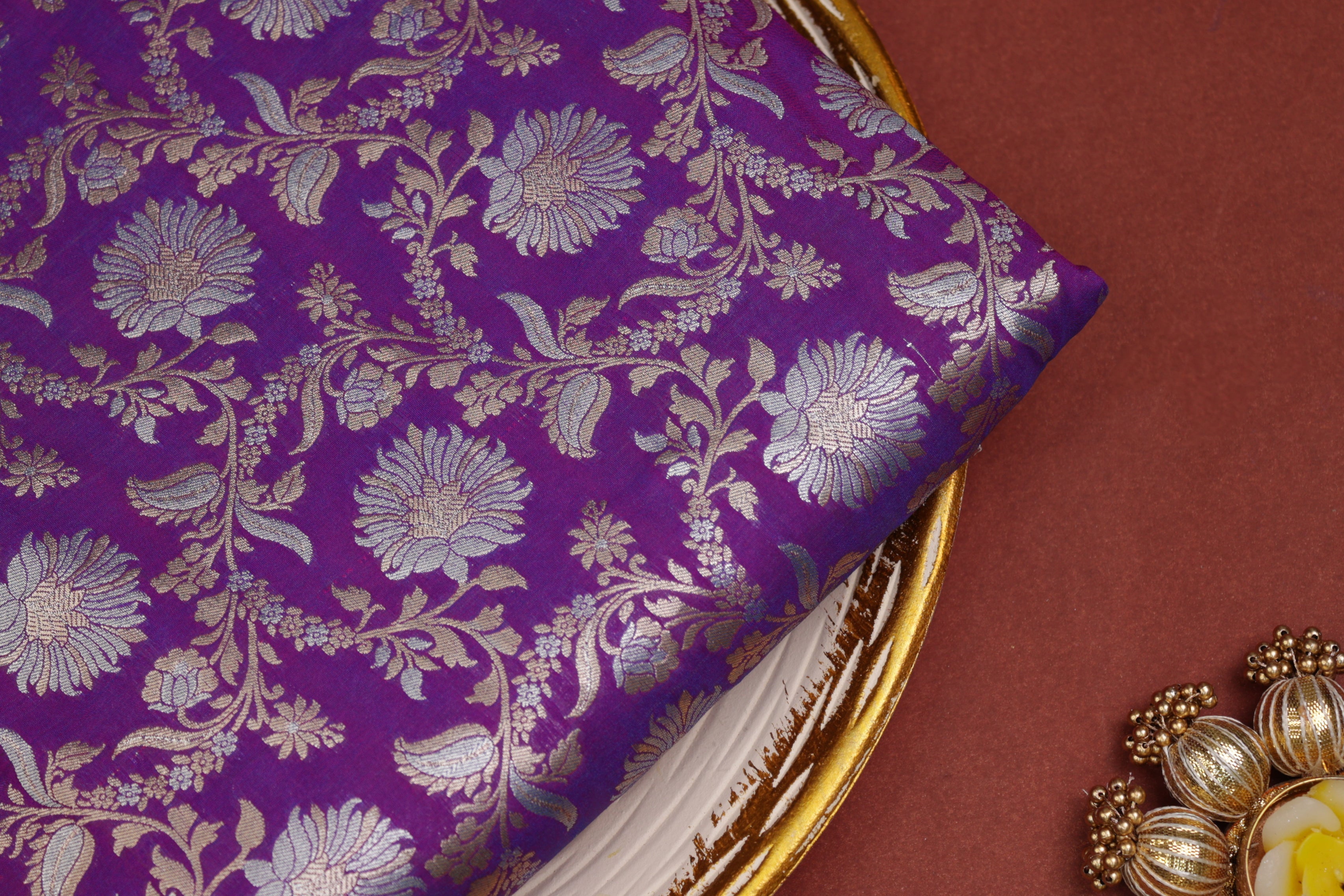 Purple colour banarasi brocade fabric with beautiful floral pattern