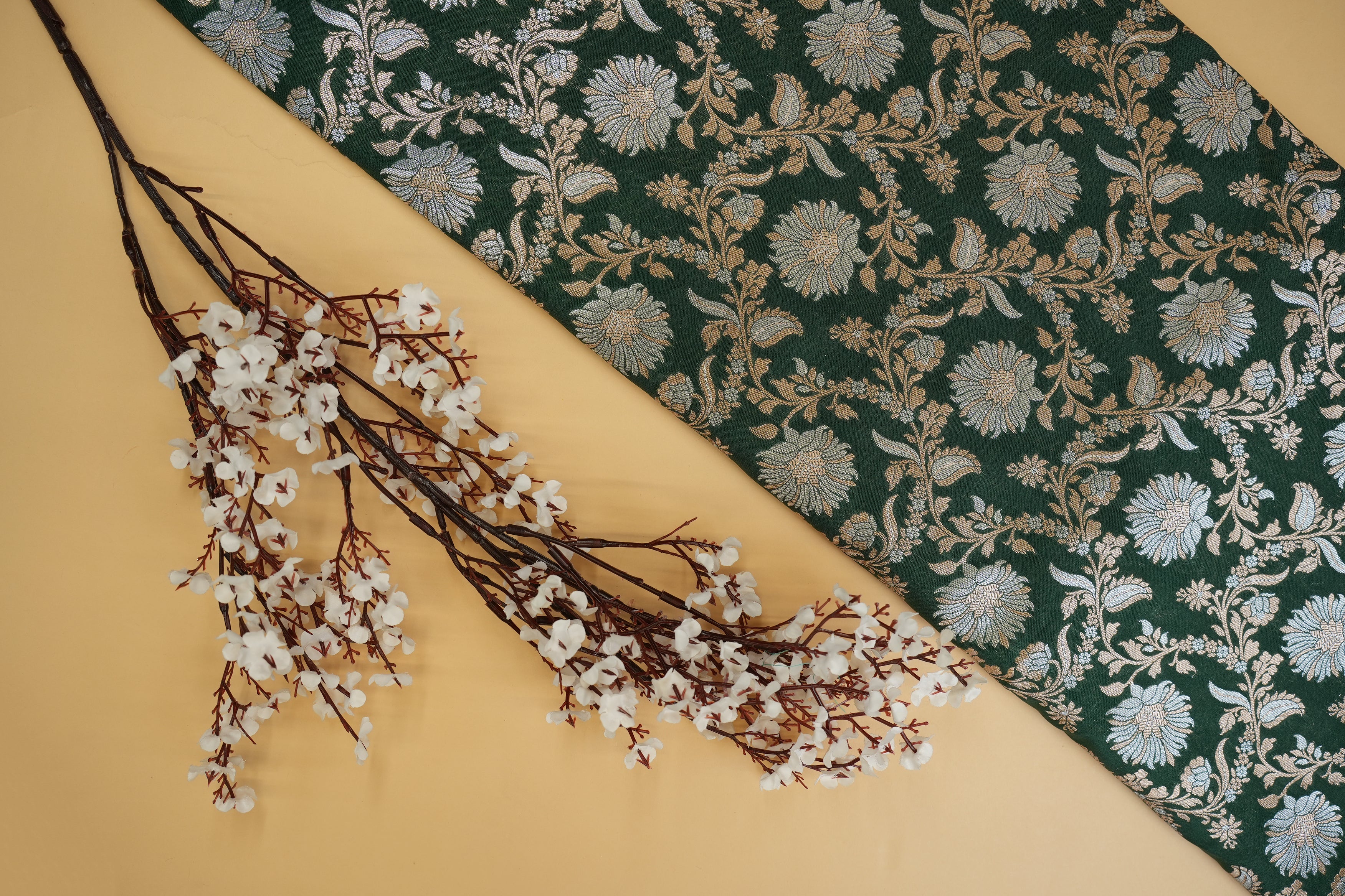 Green banarasi brocade fabric with beautiful Floral pattern