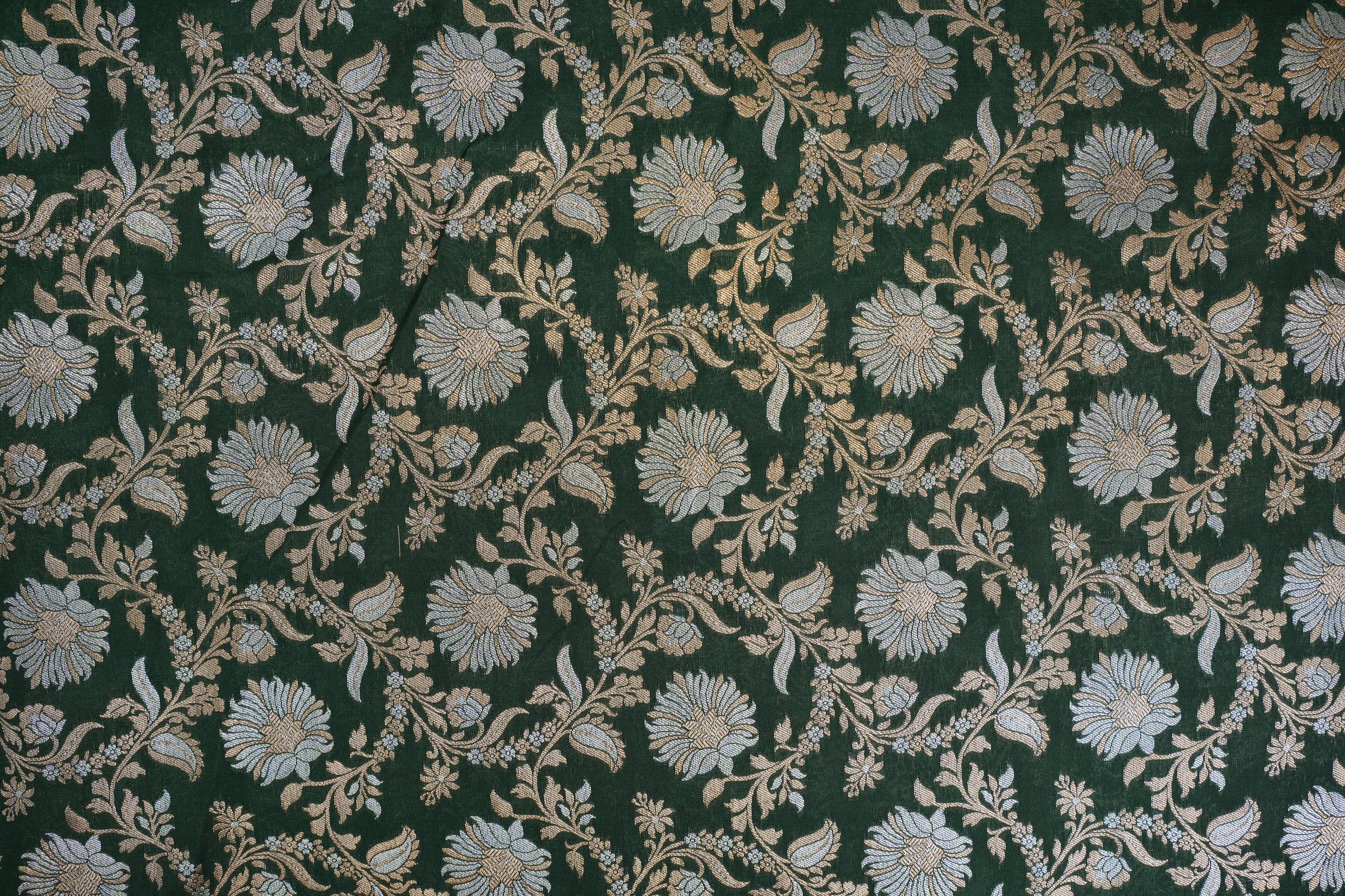 Green banarasi brocade fabric with beautiful Floral pattern