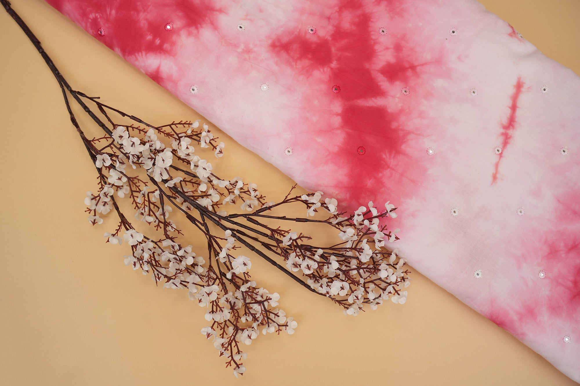 Red colour cotton mirror with Tie dye pattern embroidery