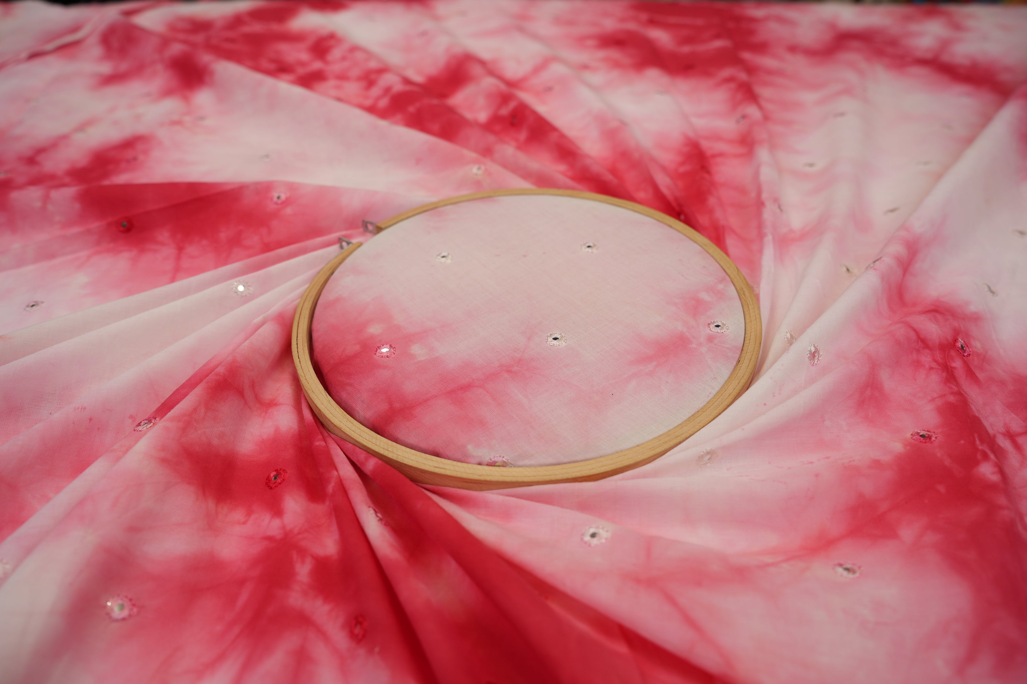 Red colour cotton mirror with Tie dye pattern embroidery