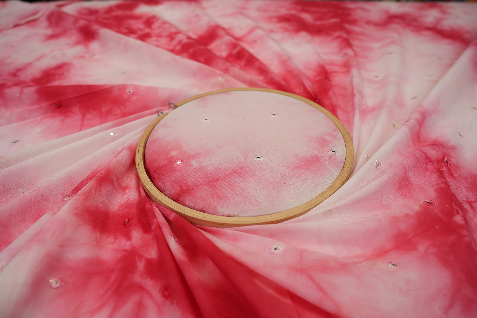 Red colour cotton mirror with Tie dye pattern embroidery