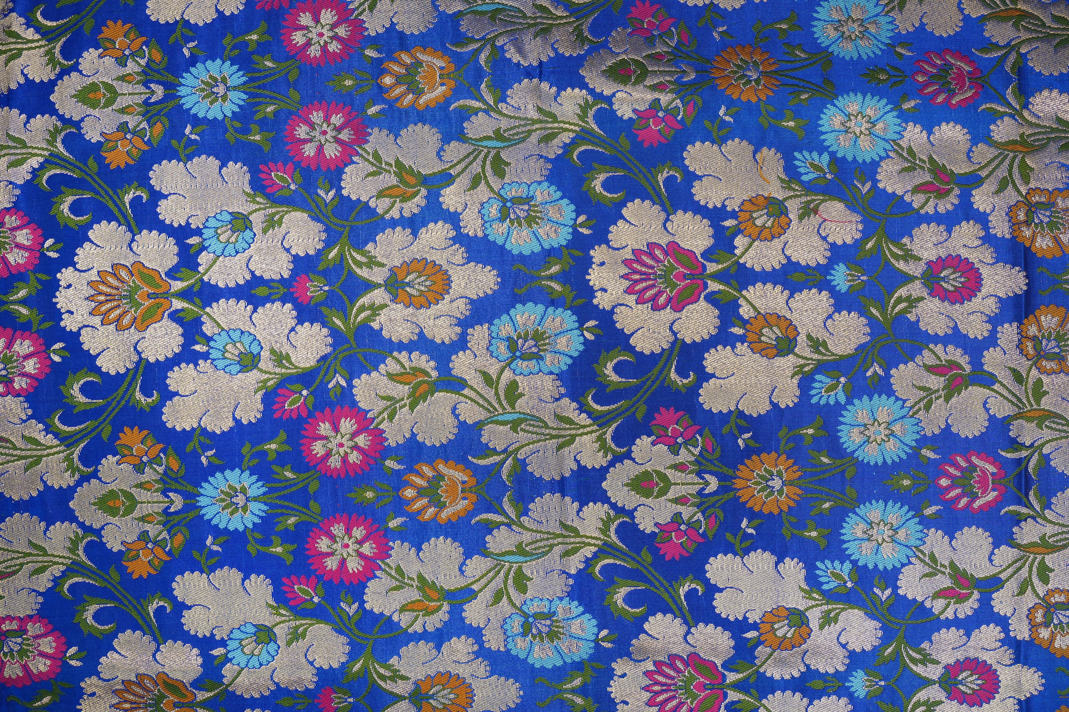 Royal blue colour banarasi brocade fabric with beautiful traditional pattern