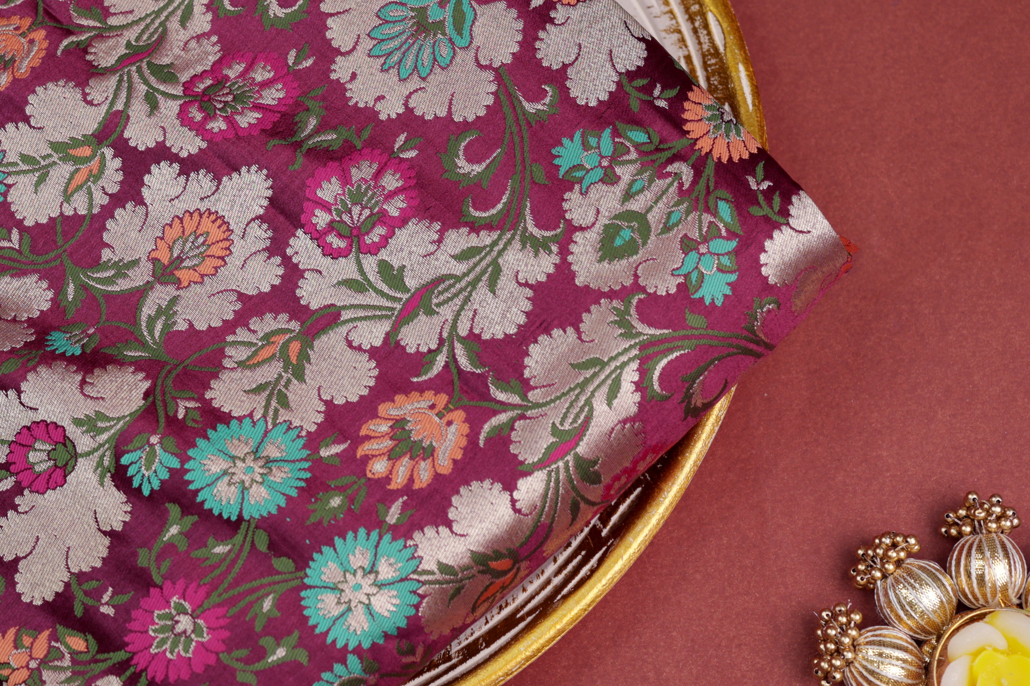 Maroon colour banarasi brocade fabric with beautiful traditional pattern