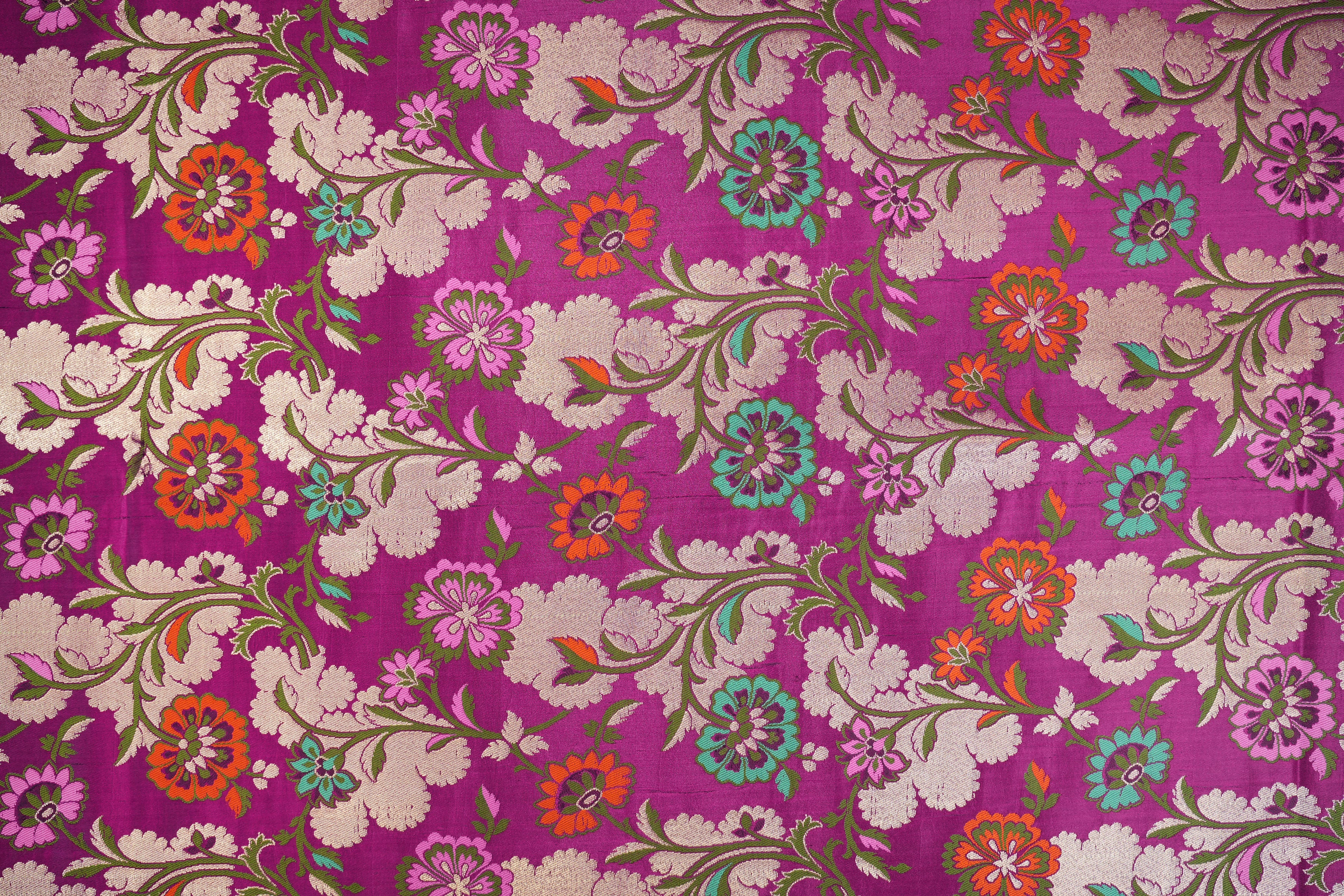 Magenta colour banarasi brocade fabric with beautiful Floral pattern