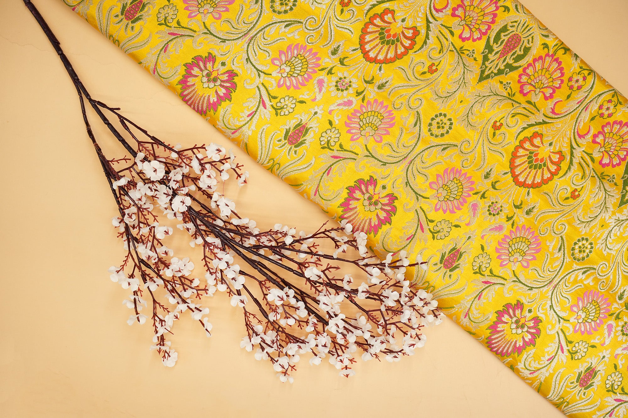 Yellow colour banarasi brocade fabric with beautiful floral pattern