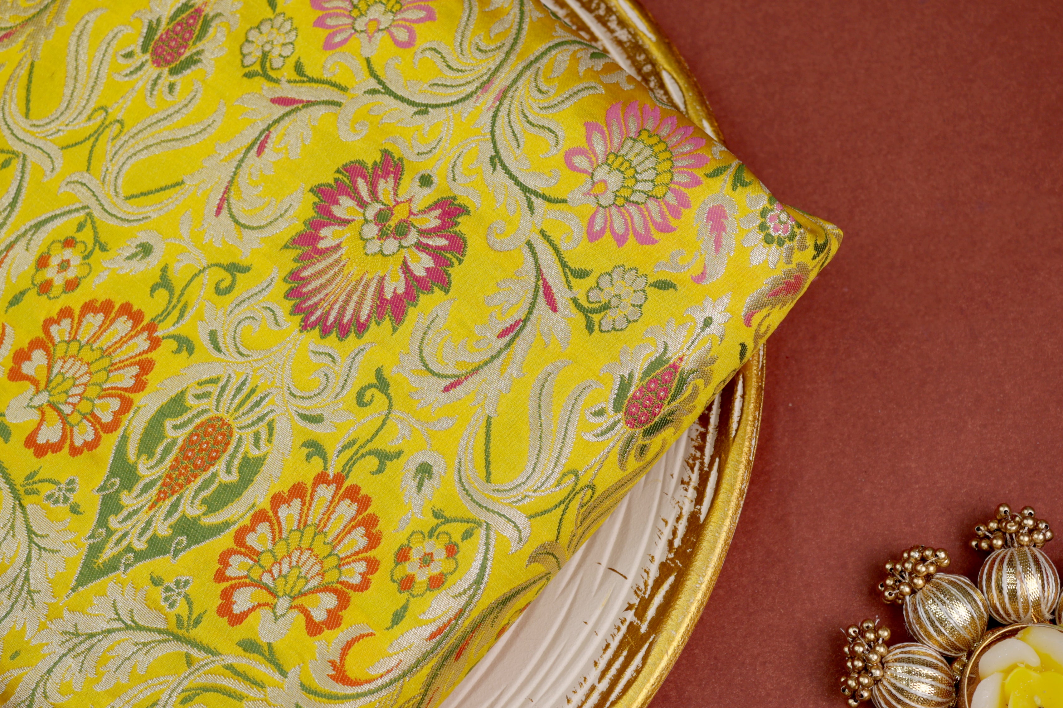 Yellow colour banarasi brocade fabric with beautiful floral pattern