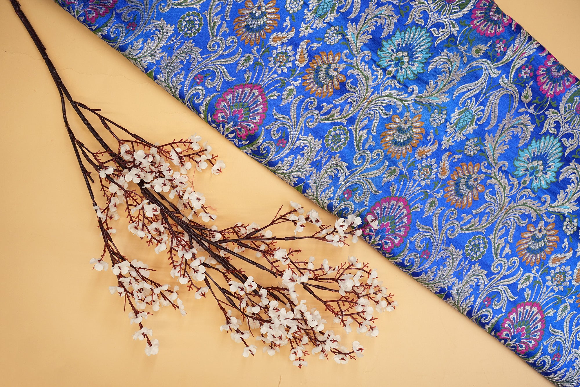 Royal blue colour banarasi brocade fabric with beautiful floral pattern