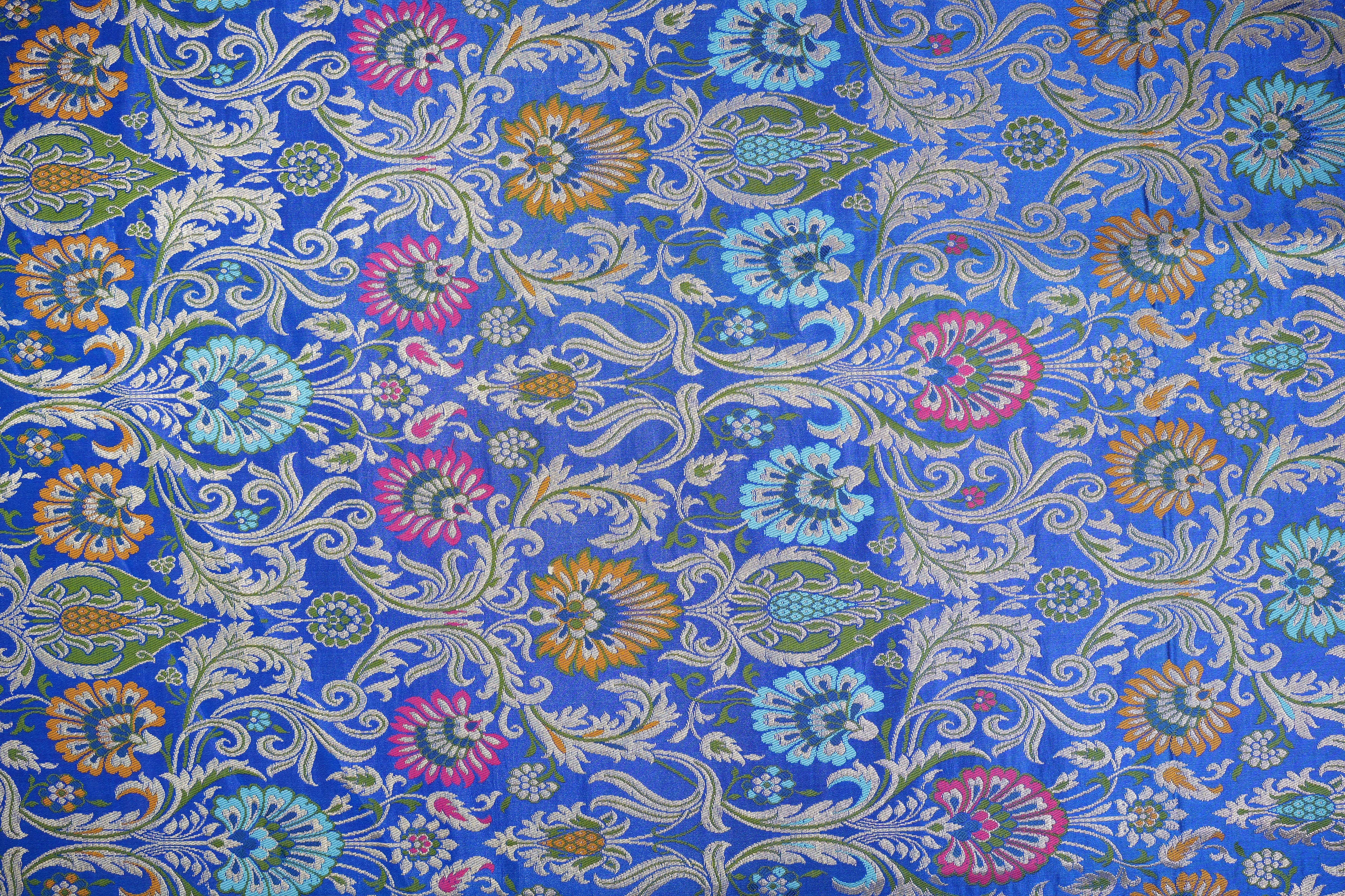 Royal blue colour banarasi brocade fabric with beautiful floral pattern