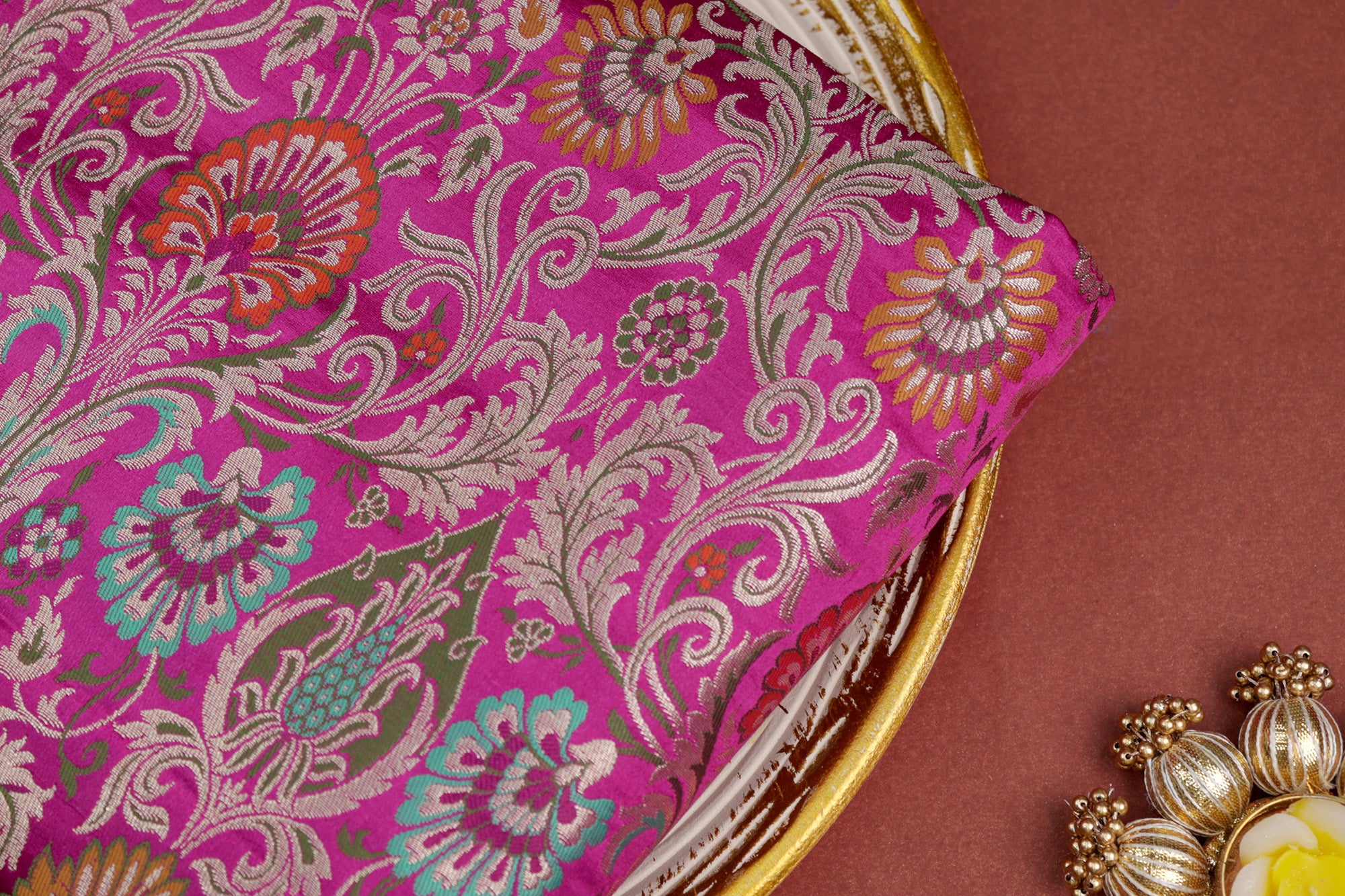 Pure Magenta colour banarasi brocade fabric with beautiful Floral pattern