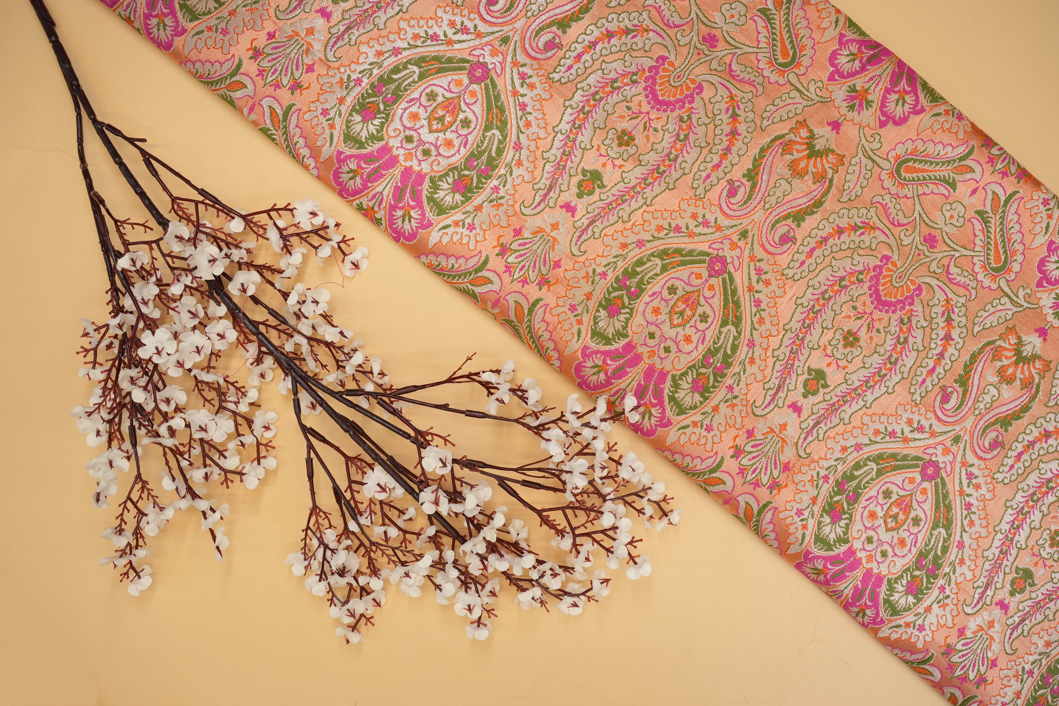 Peach colour banarasi brocade fabric with beautiful Traditional pattern