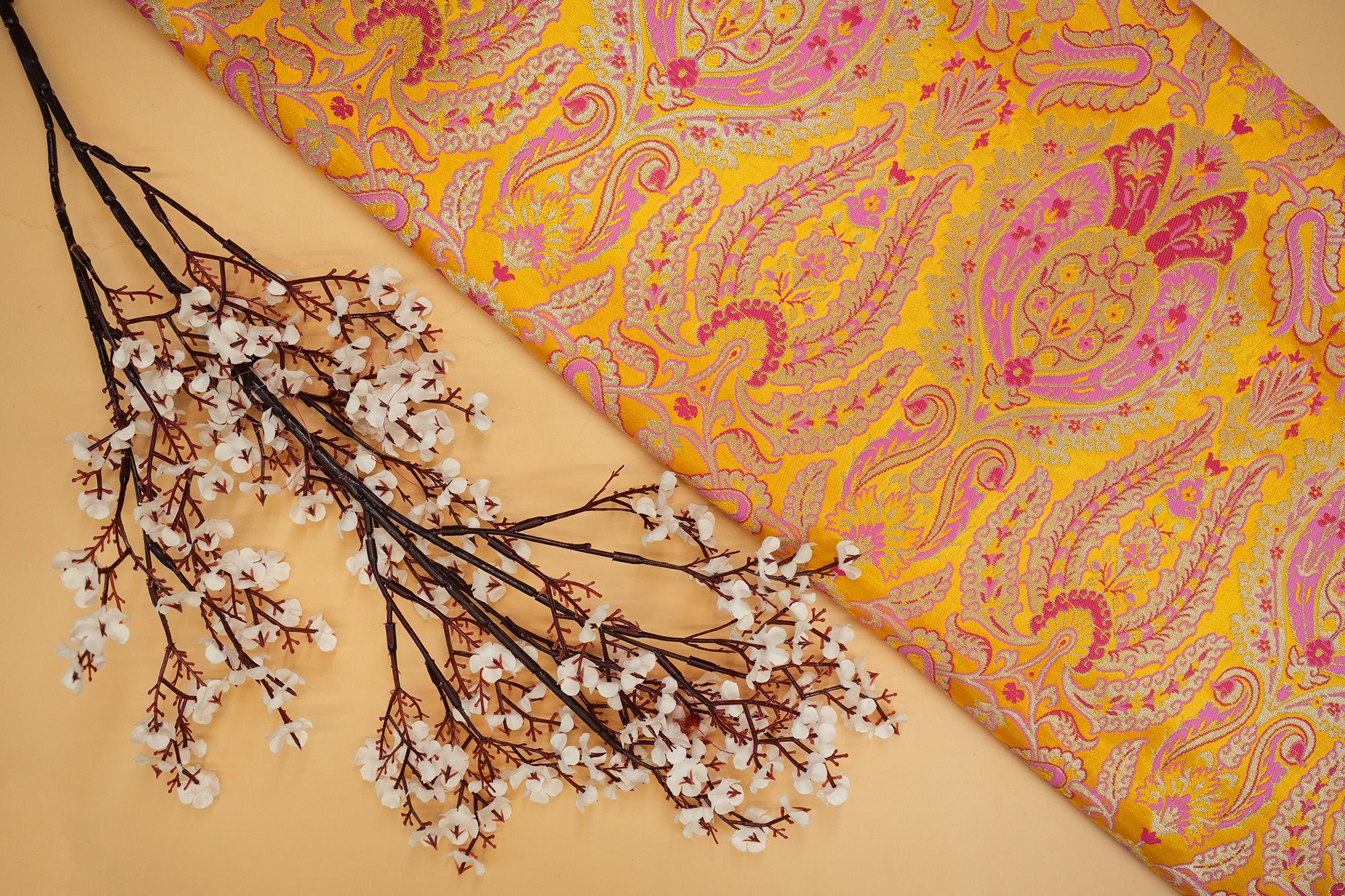 Yellow colour banarasi brocade fabric with beautiful floral pattern