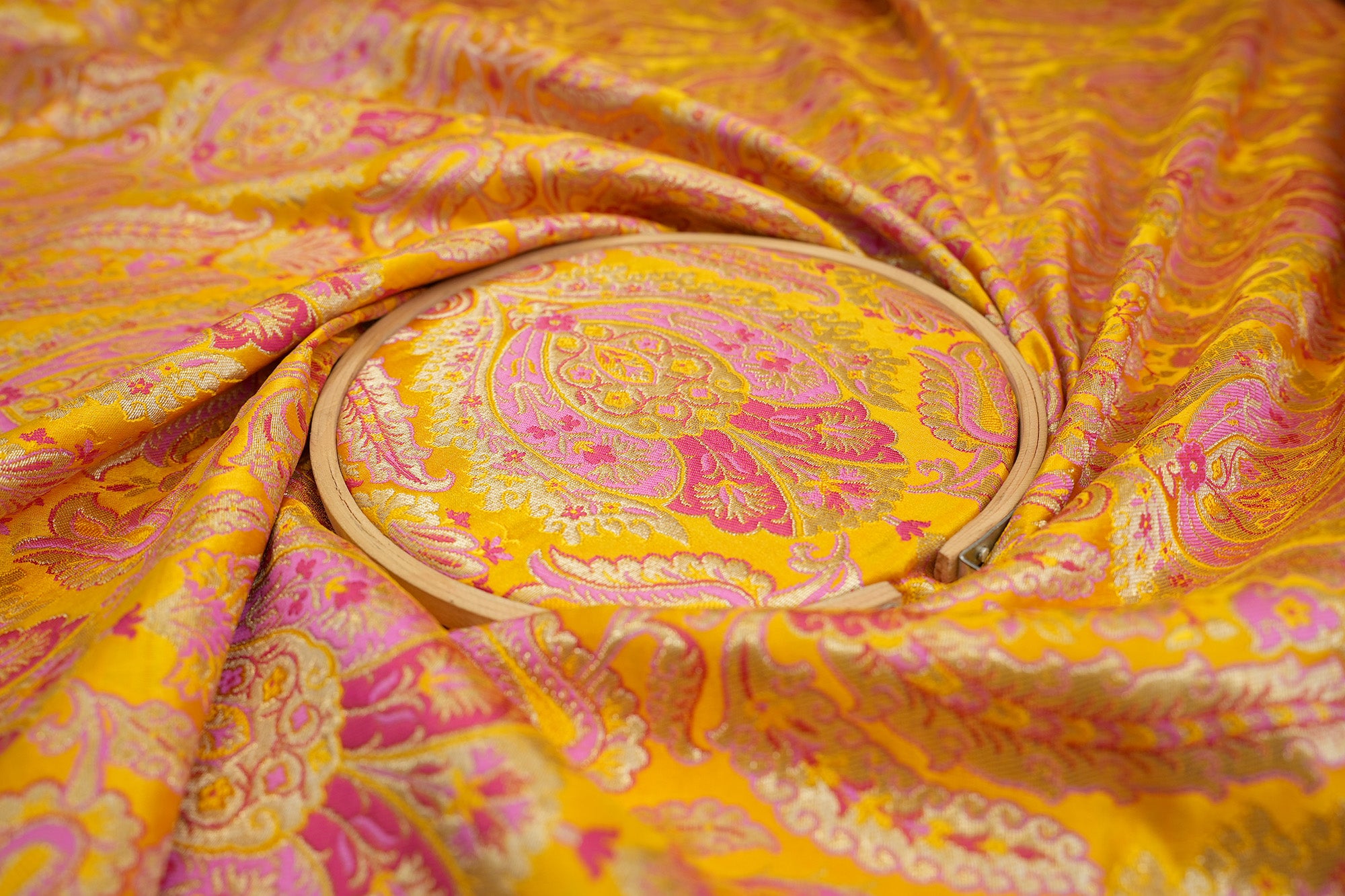 Yellow colour banarasi brocade fabric with beautiful floral pattern