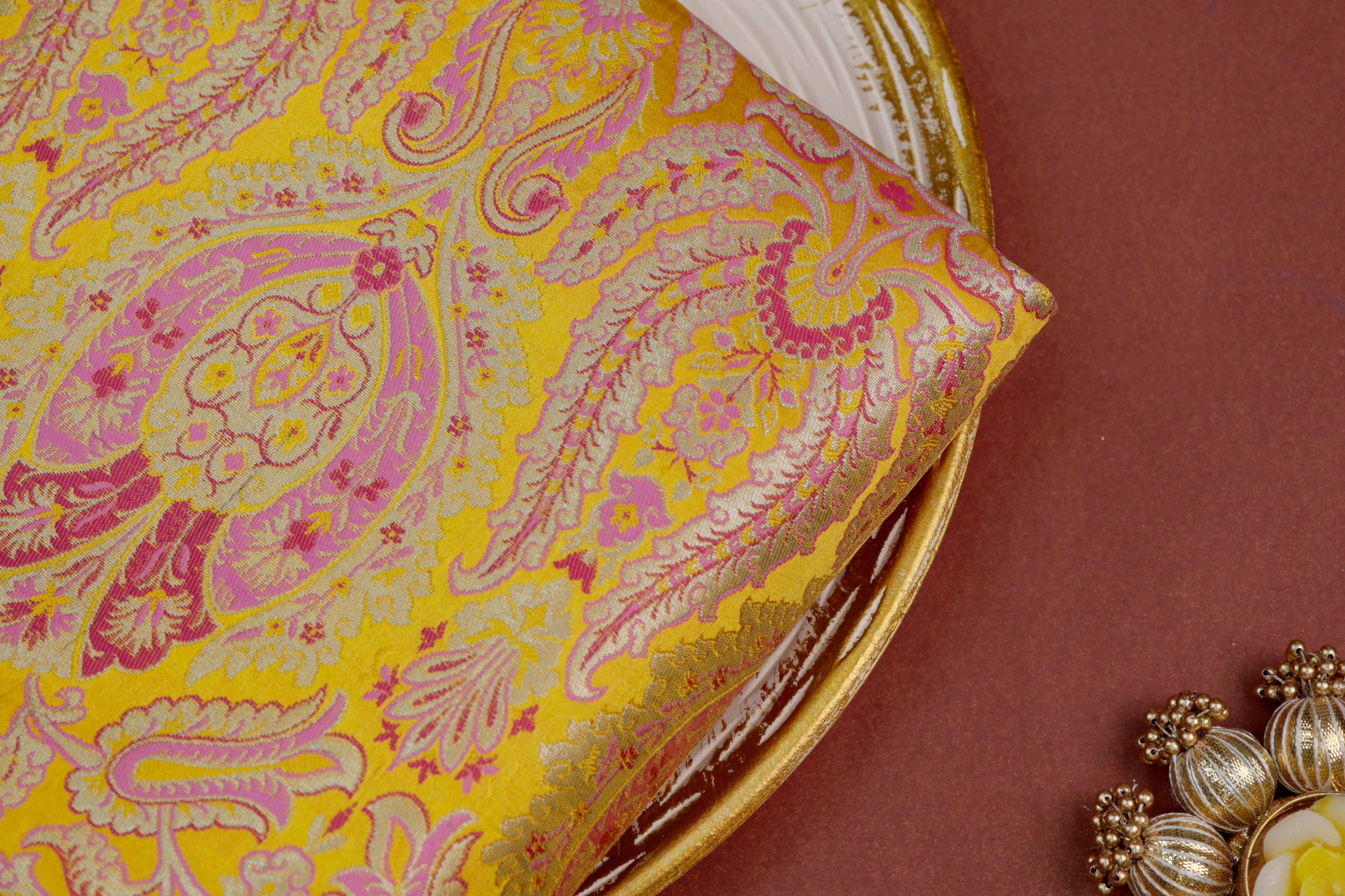 Yellow colour banarasi brocade fabric with beautiful floral pattern